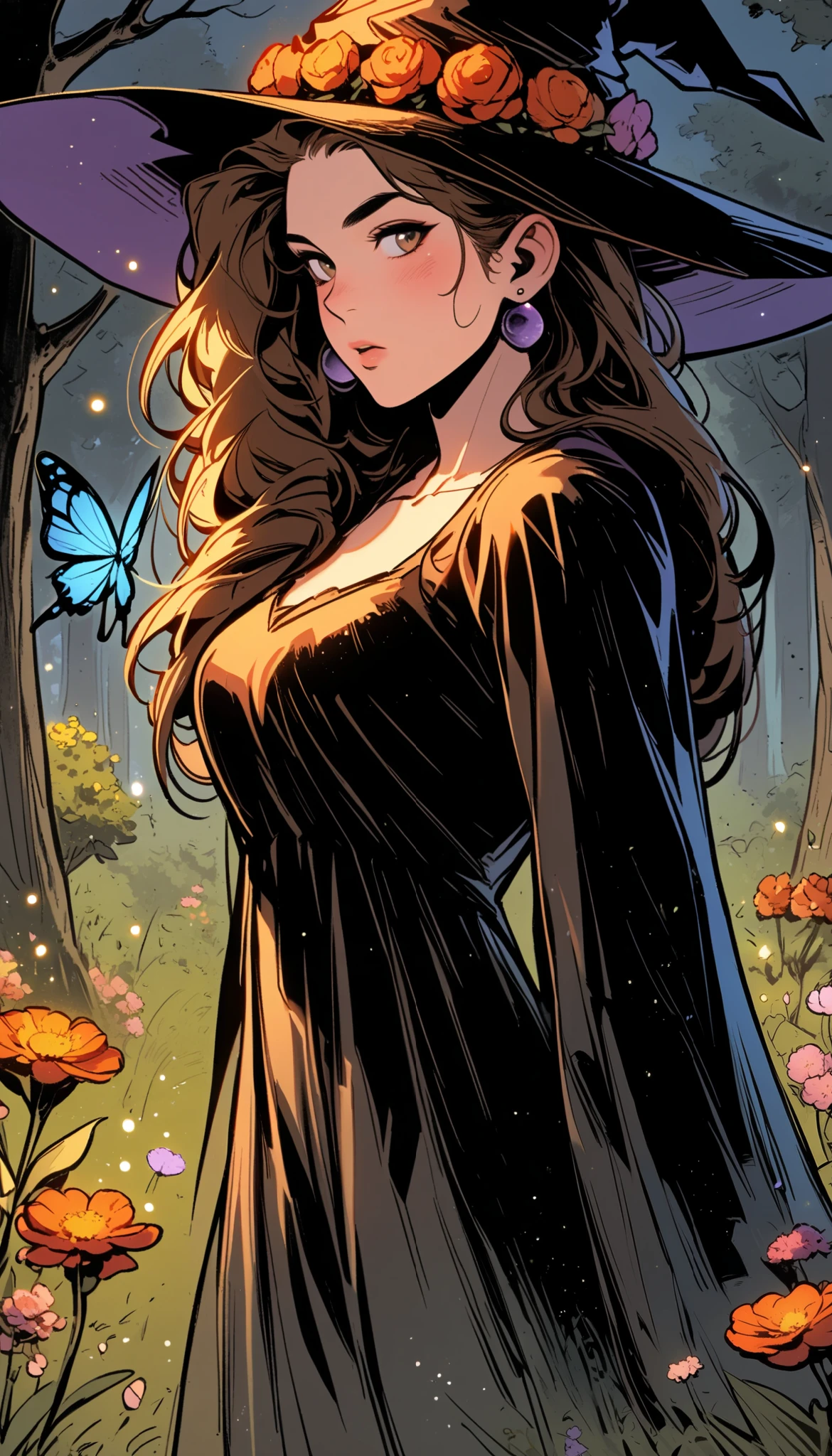 c0m1c_v1,w1w1_v1,, 1girl, flower, forest, brown hair, hat flower, nature, looking at viewer, earrings, witch hat, brown eyes, red flower, black headwear, from side, butterfly, upper body, long hair, tree, witch, dress, night, breasts, outdoors, orange flower, light particles, glowing butterfly, looking to the side, black dress, hair over shoulder, blush