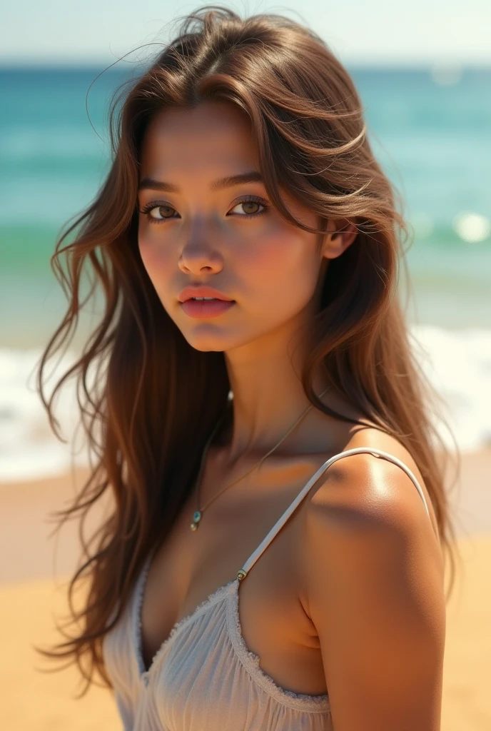 https://image.cdn2.seaart.ai/2023-12-08/clpi37h4msbc73d4v8r0/0ce7372f6ae17a75a5c6681e74ecbf688d1af30b.jpg Transform a portrait into an image of a young woman on the beach. Capture the essence of a carefree moment as she enjoys the sun, sand, and sea. Emphasize the natural beauty of the coastal surroundings, and evoke a sense of relaxation and joy in the scene. Consider enhancing the image with warm tones and gentle lighting to convey the tranquility of the beach setting.