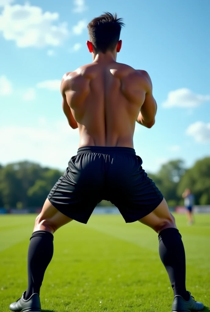 (highres,ultra-detailed),(photorealistic,realistic:1.37), early teenage boy in Japan, slim, cute, shirtless, taking off soccer shorts, facing camera with his backside