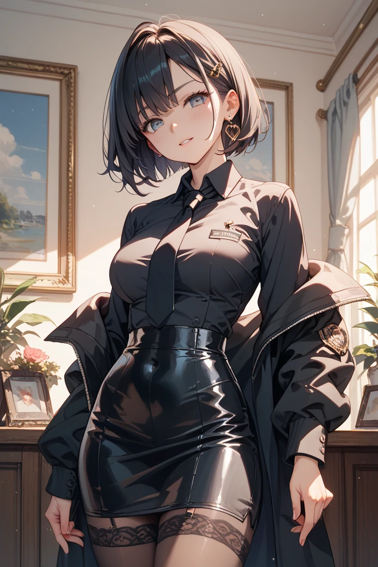 ((Highest quality)),(超High resolution),(Very detailed),(Detailed Description),((The best CG)),(masterpiece),Ultra-detailed art、(Highest quality、8k、32K、masterpiece)、(Realistic)、(Realistic:1.2)、(High resolution)、Very detailed、Very beautiful face and eyes、1 female、((Gray Hair、Very short hair:1.3))、Tight waist、Delicate body、(Highest quality、Attention to detail、Rich skin detail)、(Highest quality、8k、Oil paints:1.2)、Very detailed、(Realistic、Realistic:1.37)、Bright colors、((Navy tight fitting jacket、The jacket features metallic buttons and subtle details on the shoulders and cuffs.、Slim and elegant design。Below is the、Wearing a white blouse。A knee-length A-line skirt in a color that matches the jacket、Black low heel pumps))。(A simple and elegant metallic buckle belt、She accessorizes with modest jewelry and watches.)。((She sits at her modern desk.、I work on a computer、In the background is a neat and professional office environment))。