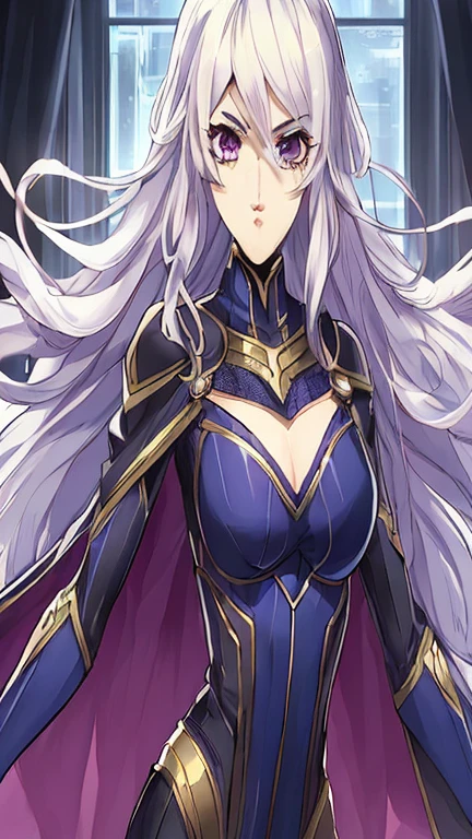 mulher 18 anos, anime, garota solo, cabelo preto com mechas azul((cabelo preto)) cabelo preto, armadura medieval da realeza, armadura com decote ((peitos medios)), detalhes azul, Uplighting, 8k, Anime traits, altamente detalhado ((muitos detalhes)) olhos detalhados roxo, peitos medios, armadura de ouro, sexy, sensual, rosto atraente, sorriso sensual, cabelo preto