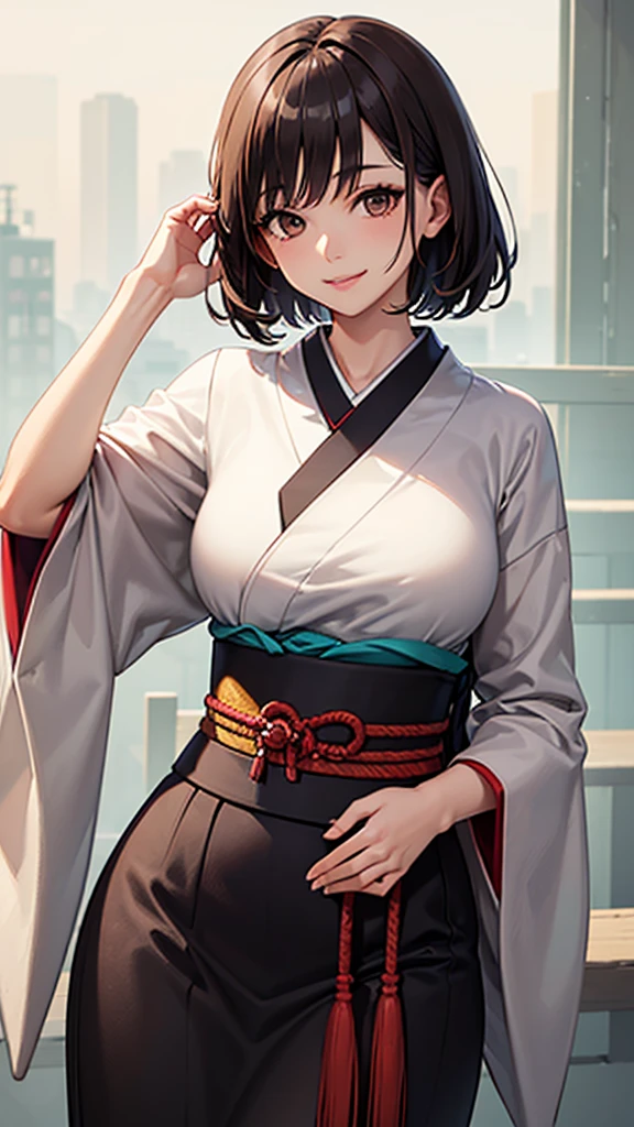 (((masterpiece))), 1 girl, alone, looking at the viewer, shortcut, black hair,red eyes, cleavage, medium breasts, closed mouth, clavicle, Revealing clothing,kimono,hakama,thighs,side boob,swordsman,露出したthighs,White Doshi,Two-dimensional beautiful girl,cool beauty