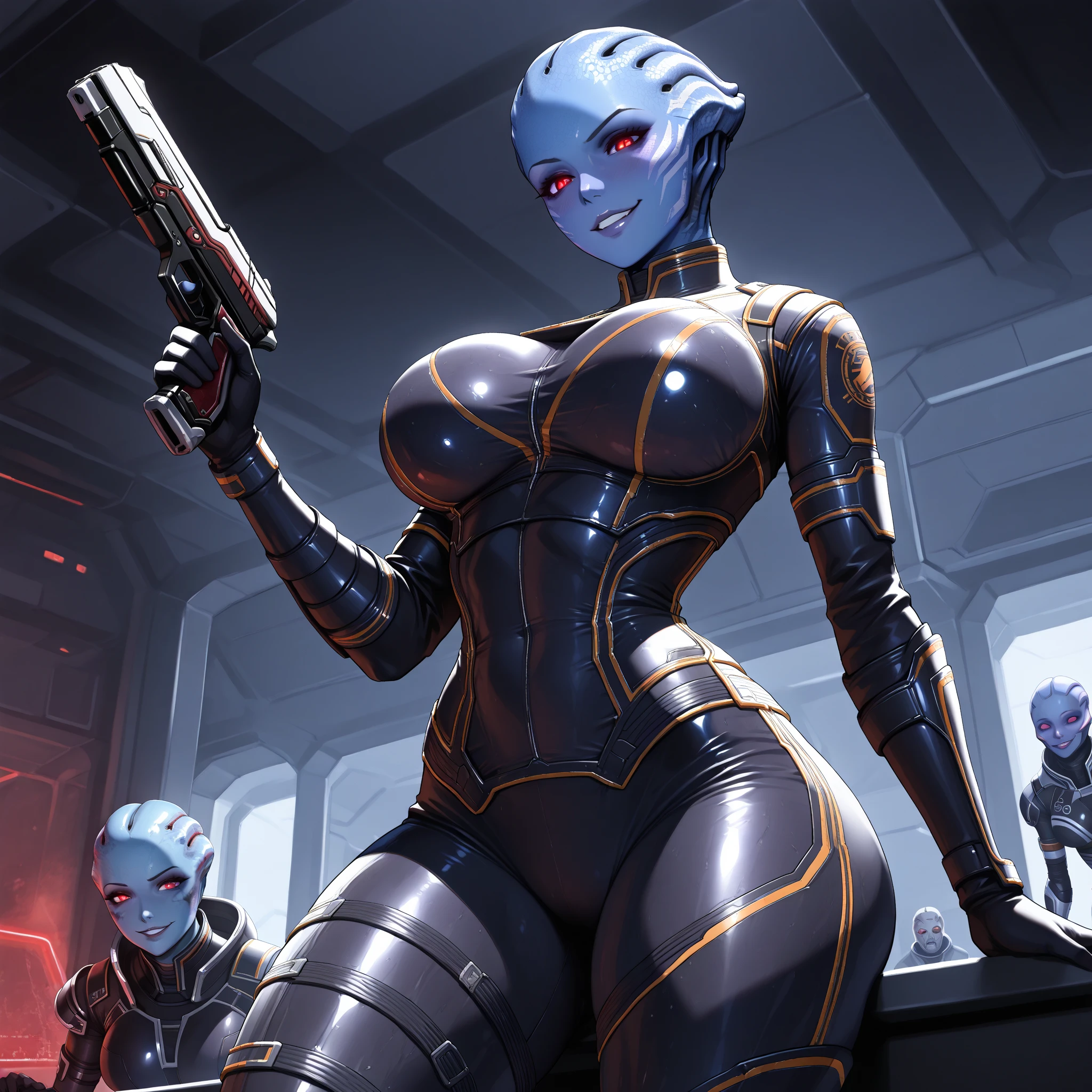 Full Body of a person in a suit, nebula, beutiful girl cyborg, ((bald)), blue coloured skin, broken beautiful female android!, blue lipstick, beautiful female warrior, sectoid, crew cut, 2 0 5 0 s, inspired by Hirosada II, google images, trans rights, post - apokalyptic, karen gillan, Masterpiece, Best Quality, (Highres) (original) , (very detailed wallpaper) , very, hard shadows, Cinematic shot, dramatic lighting
