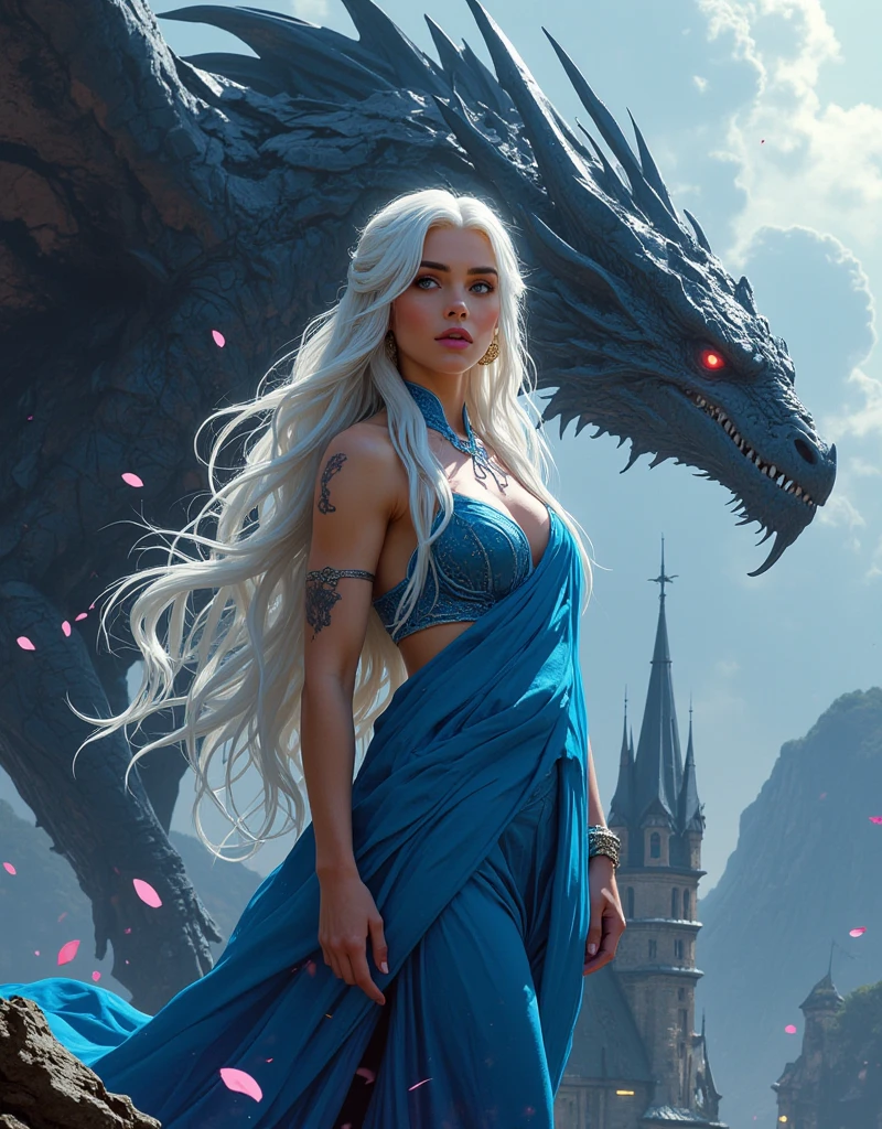 A stunning digital painting of (emma stone :1.0),solo, (middle shot:1.4), realistic, masterpiece, best quality, high detailed, (As Daenerys Targaryen, the Mother of Dragons, standing on a cliff, her silver hair flowing in the wind, wearing her signature blue dress, surrounded by her three dragons, with Drogon perched protectively behind her, and the vast expanse of Essos in the background.:1.3),(in the style of Moebius:1.1),epic fantasy character art, concept art, fantasy art, fantasy art, vibrant high contrast,trending on ArtStation, dramatic lighting, ambient occlusion, volumetric lighting, emotional, Deviant-art, hyper detailed illustration, 8k, gorgeous lighting, <lora:VampiricTech:0.35>,vamptech ,(full height portrait:1.8),(Slicked-back, wet-look hair that accentuates the angles of the face.:1.2),photoshoot