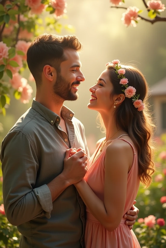 colorful image of hearts, flowers and happy latin american couples realism art style
