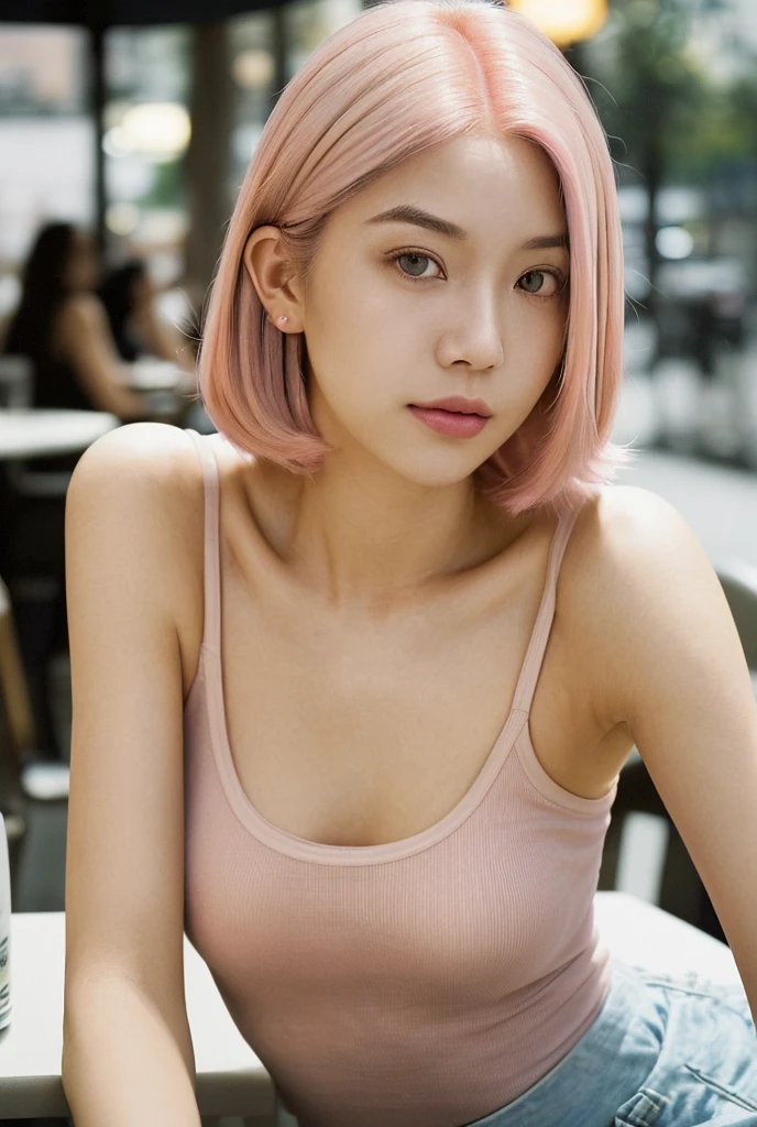 (Nude:1.4),(stick out butt:1.3),(Seductively Posing :1.3),(masterpiece:1.2), Super detailed, Ultra-high resolution, (Realistic, photo Realistic:1.37), High-definition RAW color photos, Professional photos, Very delicate and beautiful, Very detailed, In detail, Large file size, Very detailed beautiful girl, Very detailed face, Very detailed eyes, Very detailed skin, Very detailed nose, Very detailed mouth, Perfect Anatomy, Very detailed背景, Shiny skin, (Famous Japanese actresses:1.5), (Improve), Flat Chest, View your viewers, whole body, (Dynamic pose:1.4), Dynamic Lighting, Denim jacket, (Brown people, Dark Skin, Pink Hair:1.3), (whole body), (Coffee cup on the table:1.4), (Sit at the table:1.1), (smile:1.2), (KTH Coffee v1:1.2)