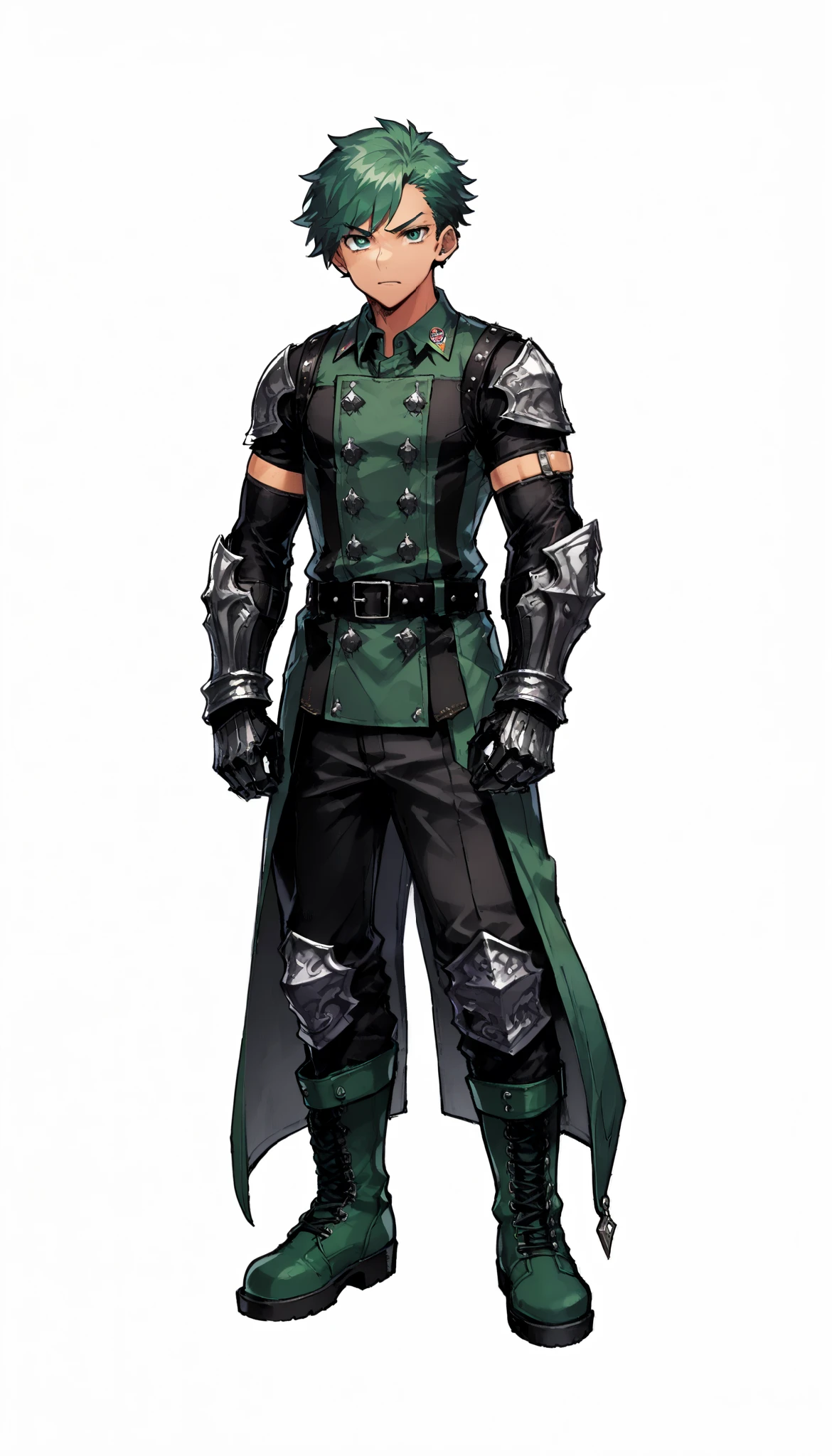 (((My Hero Academia Style))), (OC), ((1guy)), ((male)), (Anthro), ((perfect face)), (((perfect hands))), ((perfect anatomy)), (((Hero Bodysuit))), (Knee gap), (Ankle Gap), ((standing)), ((looking at viewer)), ((plain background)), ((full body photo;1.5)), (((Midoriya Izuku))), (((Green High Collared Double-breasted Strap Button Panel Long Coat))), (((Black loose Cargo Baggy Strap Pants Tucked in boots))), (((Strap armlet))), (((High shin Strap combat boots))), (((Strap brazalet))), (((Strap waist belts))), (((sidecut hairstyle))), ((wavy short Dark Green hair)), ((wavy parted bangs)), (((Black military headwear))), ((((Black studded medieval gauntlets)))), (((Gray Background))), ((simple background)), (((tanned complexion))), ((Serious look)), ((green eyes)),