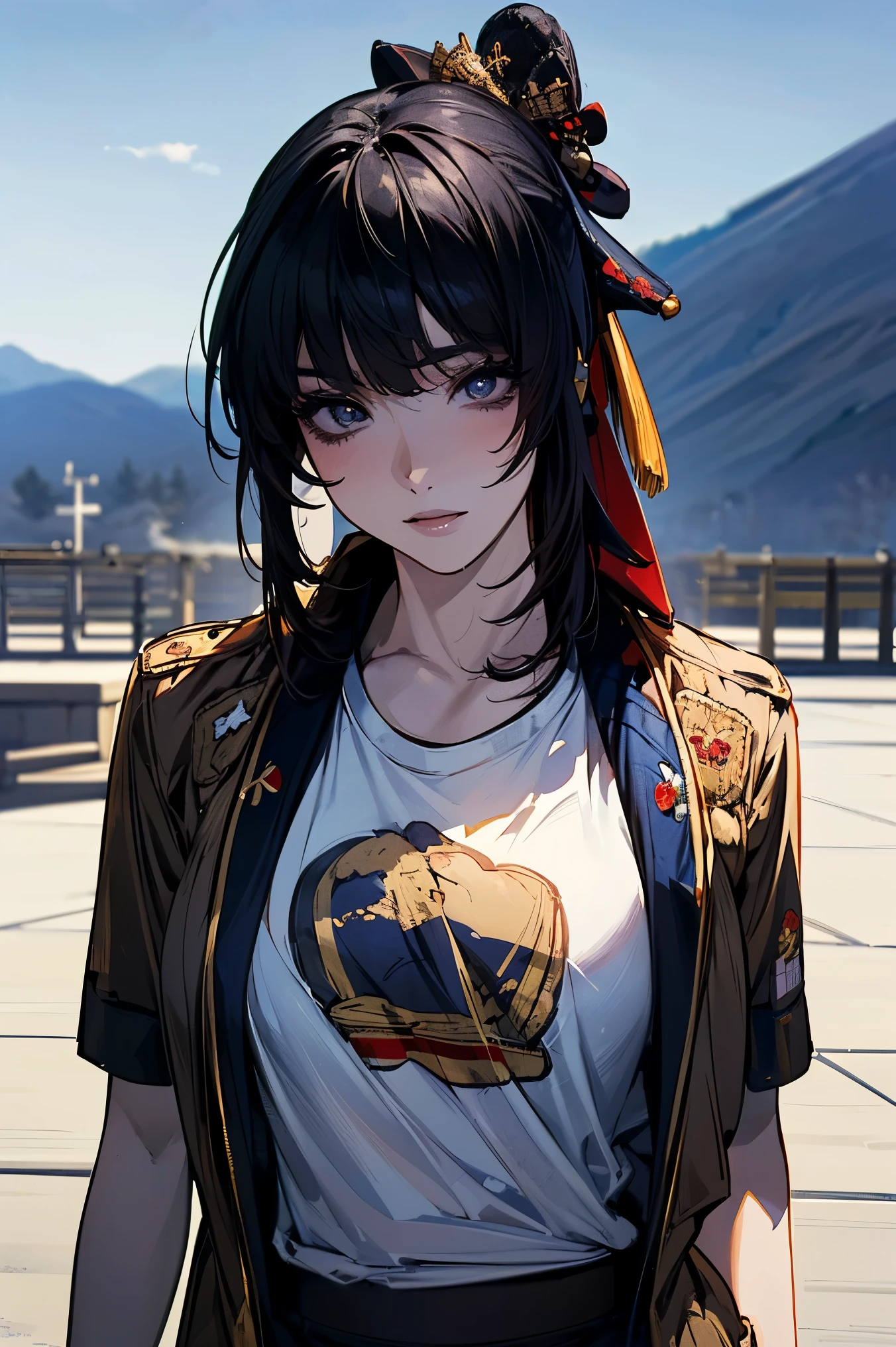 (masterpiece:1.5),beautiful hair,beautiful eyes with a vagina,beautiful lips,Beautiful slender body,(Konno Anna:1.2),(Riho Yoshioka:1.1),(random expression:1.3),(Mountains in the background:1.4),bust illustration from the front ,Cleavage,((((An Extraordinary Beauty:1.7)))),((((t-shirt,military jacket,Taisho Romance:1.5)))),((19-year-old single woman holding a fish in her hand:1.1)),(accurately depicted anatomically correct hands:1.1) dark hair,long lashes,Three-dimensional, jewel-like eyes,Very delicate and beautiful CG,2. 5D illustration, Anatomically Accurate Body, (Extremely precise illustrations:1.1),(Outdoors:1.4), (wallpaper:1.4),8k