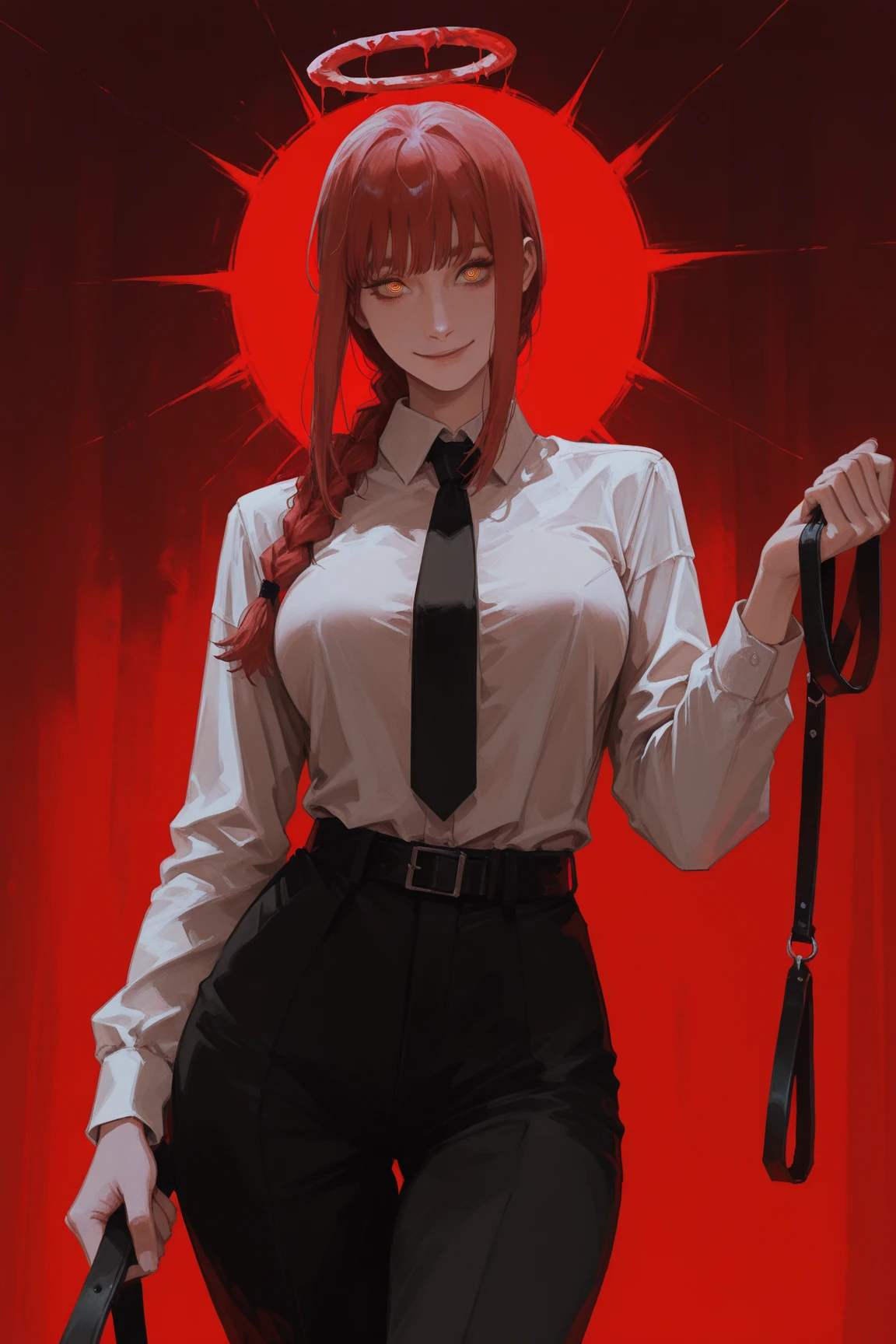 girl with red hair and black pants and a white shirt, makima from chainsaw man,hot girl,hyper realistis.