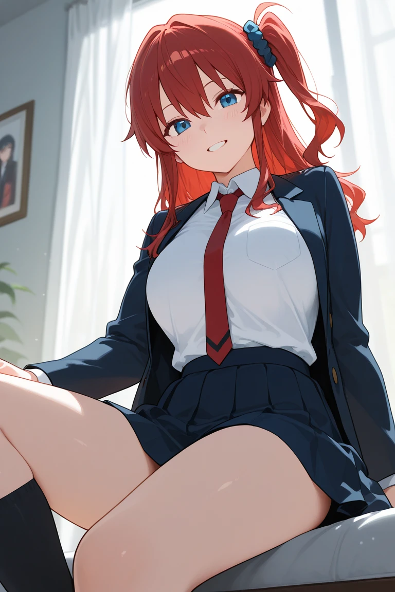 Big breasts, red hair, blue eyes, droopy eyes, red jacket, long sleeves, navy skirt, elementary school student, (super big breasts:1.1), (medium hair: 1.2), baggy clothes, elementary school student, young face, short height, 10 years old, old, shy A shy guy, smiling a little, trying to open the buttons of his shirt, white shirt, red tie,(straight hair:1.2) , gentle smile, a little smile,girl, school uniform, bottomless, panties around one ankle, on bed