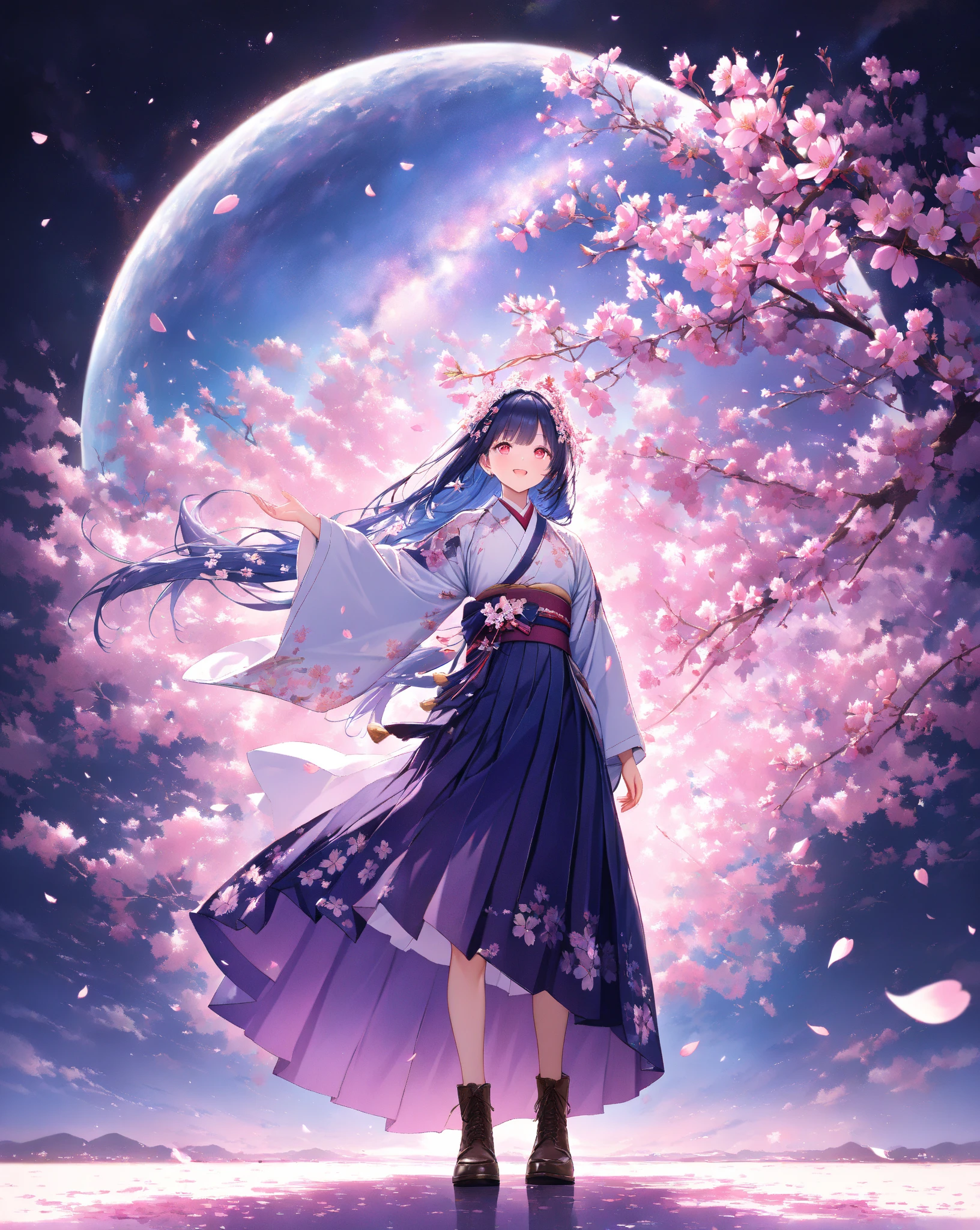 quality:masterpiece,best quality,ultra-detailed,32k,detailed background,
theme:(Breathtakingly beautiful 20-year-old student woman in kimono):1.3,perfect proportions,detailed skintexture,(Open your mouth with a big smile and laugh briskly):1.3,Breathtakingly detailed facial features,vivid eyes that feel like being sucked in,Red Eye Shadow, delicate and moisturized lips ,
Each finger is rendered in detail,(shiny dark blue hair):1.1,Smooth texture like silk,Flowing in the wind,Natural shadows and highlights,Natural and graceful hand pose,Hands based on realistic human anatomy,transparent fingertips that make you feel like you're being sucked in,Clearly defined joints,Detailed expression of the fingers,
Smooth and curvaceous body lines,Translucent and moisturized skin,Graceful knee lines,Natural and beautiful leg lines,
Delicate body contours,Natural wrinkles and shadows in the clothes,Shiny fabric texture,Beautiful, smooth draping,(Poses to look up gracefully at the sky):1.4,
costume:,fitted kimono and hakama style, plain deep purple Maxi-length hakama with wide pleats, plain deep purple hakama with ultra wide bell bottoms, Ankle-cut hem, elegant light lavender kimono tops with (intricate floral embroidery:0.8), long flowing sleeves, same color as hakama deep purple obi with intricate gold pattern, obi attached to hakama, (beautiful floral hair ornament), exposed brown ankle boots, 
Style:photorealistic,cinematic lighting,volumetric lighting,ray tracing,depth of field,cinematic shot,pastel,translucent,
background:(Dazzling stars々The Milky Way sparkles):1.5,(At night when they are in full bloom, weeping cherry blossoms spread as far as the eye can see):1.4,(The weeping cherry blossoms at night are decorated with illuminations):1.4,(cherry blossom petals dance):1.3,( cherry blossom petals scattered on the ground ):1.2,volumetric lighting,幻想的なbackground,
