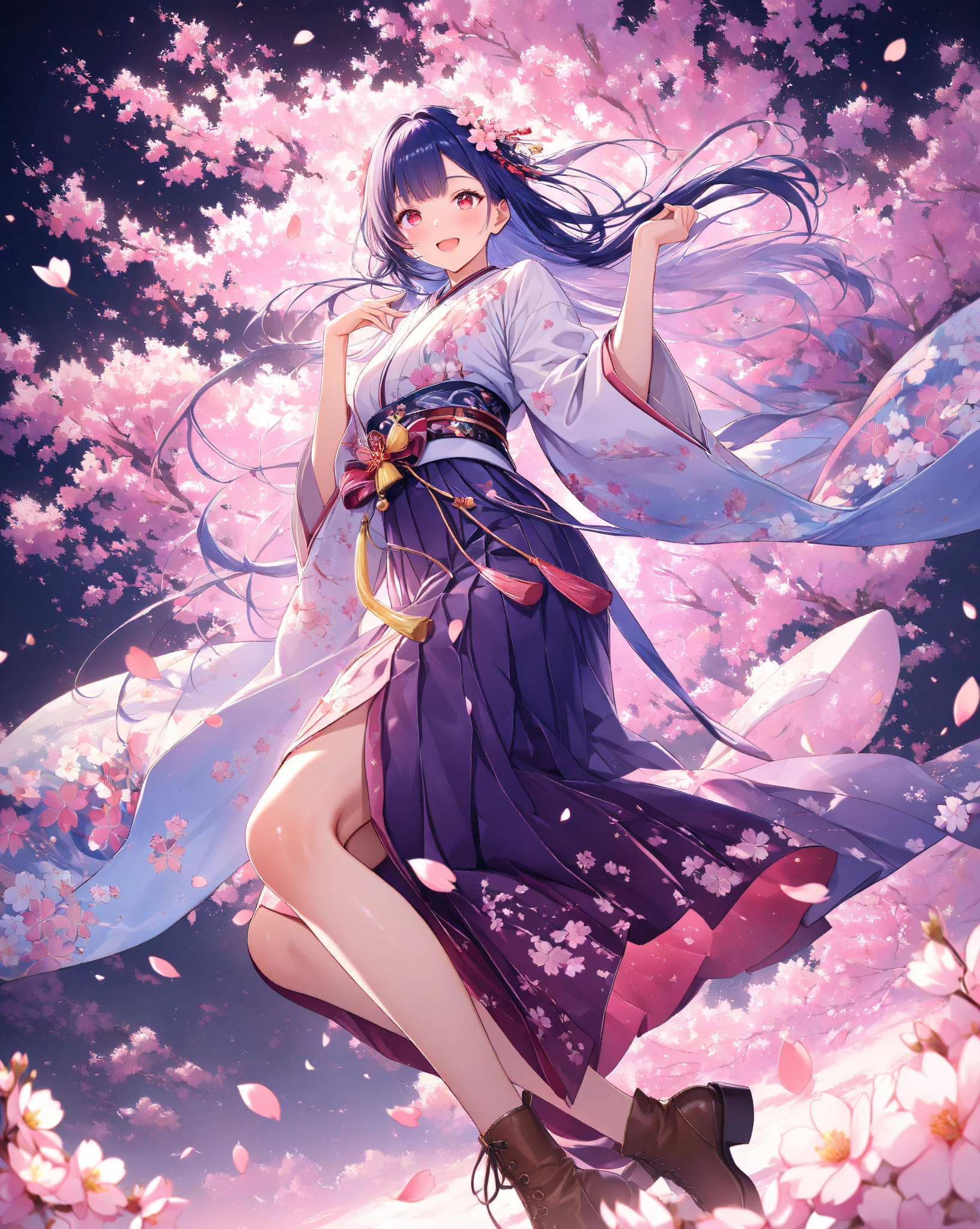 quality:masterpiece,best quality,ultra-detailed,32k,detailed background,
theme:(Breathtakingly beautiful 20-year-old student woman in kimono):1.3,perfect proportions,detailed skintexture,(Open your mouth with a big smile and laugh briskly):1.3,Breathtakingly detailed facial features,vivid eyes that feel like being sucked in,Red Eye Shadow, delicate and moisturized lips ,
Each finger is rendered in detail,(shiny dark blue hair):1.1,Smooth texture like silk,Flowing in the wind,Natural shadows and highlights,Natural and graceful hand pose,Hands based on realistic human anatomy,transparent fingertips that make you feel like you're being sucked in,Clearly defined joints,Detailed expression of the fingers,
Smooth and curvaceous body lines,Translucent and moisturized skin,Graceful knee lines,Natural and beautiful leg lines,
Delicate body contours,Natural wrinkles and shadows in the clothes,Shiny fabric texture,Beautiful, smooth draping,(Poses to look up gracefully at the sky):1.4,
costume:,fitted kimono and hakama style, plain deep purple Maxi-length hakama with wide pleats, plain deep purple hakama with ultra wide bell bottoms, Ankle-cut hem, elegant light lavender kimono tops with (intricate floral embroidery:0.8), long flowing sleeves, same color as hakama deep purple obi with intricate gold pattern, obi attached to hakama, (beautiful floral hair ornament), exposed brown ankle boots, 
Style:photorealistic,cinematic lighting,volumetric lighting,ray tracing,depth of field,cinematic shot,pastel,translucent,
background:(Dazzling stars々The Milky Way sparkles):1.5,(At night when they are in full bloom, weeping cherry blossoms spread as far as the eye can see):1.4,(The weeping cherry blossoms at night are decorated with illuminations):1.4,(cherry blossom petals dance):1.3,( cherry blossom petals scattered on the ground ):1.2,volumetric lighting,幻想的なbackground,