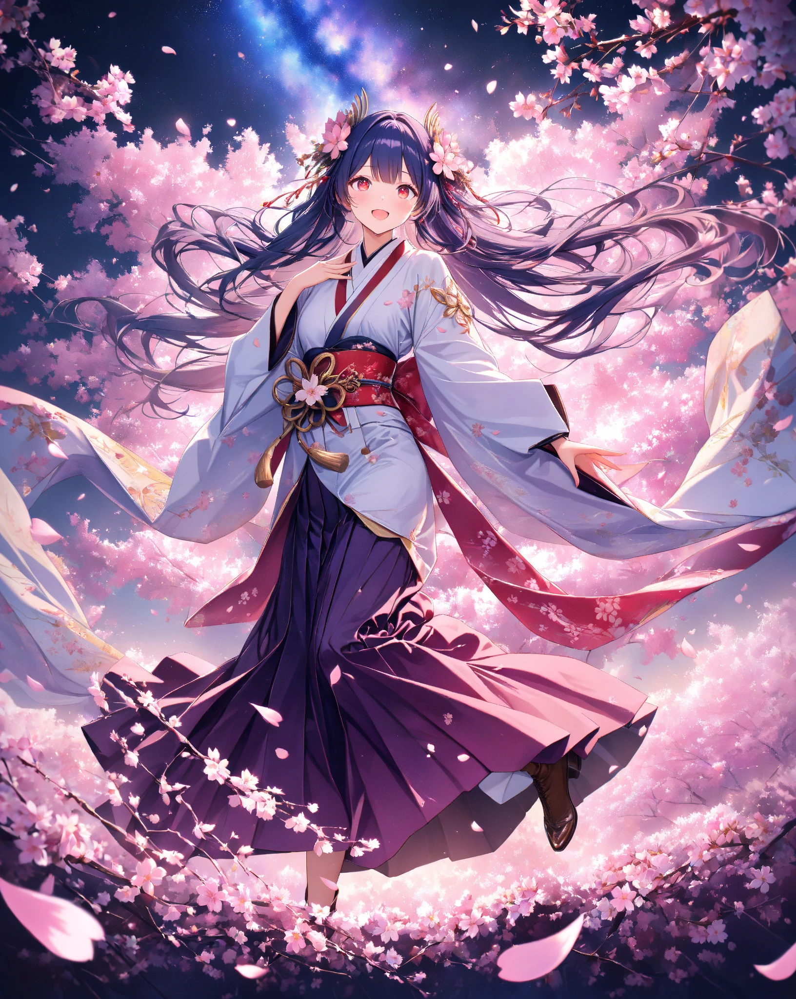 quality:masterpiece,best quality,ultra-detailed,32k,detailed background,
theme:(Breathtakingly beautiful 20-year-old student woman in kimono):1.3,perfect proportions,detailed skintexture,(Open your mouth with a big smile and laugh briskly):1.3,Breathtakingly detailed facial features,vivid eyes that feel like being sucked in,Red Eye Shadow, delicate and moisturized lips ,
Each finger is rendered in detail,(shiny dark blue hair):1.1,Smooth texture like silk,Flowing in the wind,Natural shadows and highlights,Natural and graceful hand pose,Hands based on realistic human anatomy,transparent fingertips that make you feel like you're being sucked in,Clearly defined joints,Detailed expression of the fingers,
Smooth and curvaceous body lines,Translucent and moisturized skin,Graceful knee lines,Natural and beautiful leg lines,
Delicate body contours,Natural wrinkles and shadows in the clothes,Shiny fabric texture,Beautiful, smooth draping,(Poses to look up gracefully at the sky):1.4,
costume:,fitted kimono and hakama style, plain deep purple Maxi-length hakama with wide pleats, plain deep purple hakama with ultra wide bell bottoms, Ankle-cut hem, elegant light lavender kimono tops with (intricate floral embroidery:0.8), long flowing sleeves, same color as hakama deep purple obi with intricate gold pattern, obi attached to hakama, (beautiful floral hair ornament), exposed brown ankle boots, 
Style:photorealistic,cinematic lighting,volumetric lighting,ray tracing,depth of field,cinematic shot,pastel,translucent,
background:(Dazzling stars々The Milky Way sparkles):1.5,(At night when they are in full bloom, weeping cherry blossoms spread as far as the eye can see):1.4,(The weeping cherry blossoms at night are decorated with illuminations):1.4,(cherry blossom petals dance):1.3,( cherry blossom petals scattered on the ground ):1.2,volumetric lighting,幻想的なbackground,