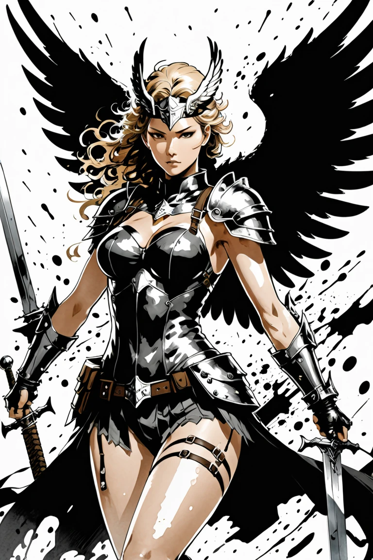 flat vector logo of a (((valkyrie))), she is 38 years old. She weares a valkeryie helmet and cape made out of raven feathers. She is blond, the hair on the rightside of her head is braided. She is holding a guitar in her left hand (((full-body shot))). semi realistic style