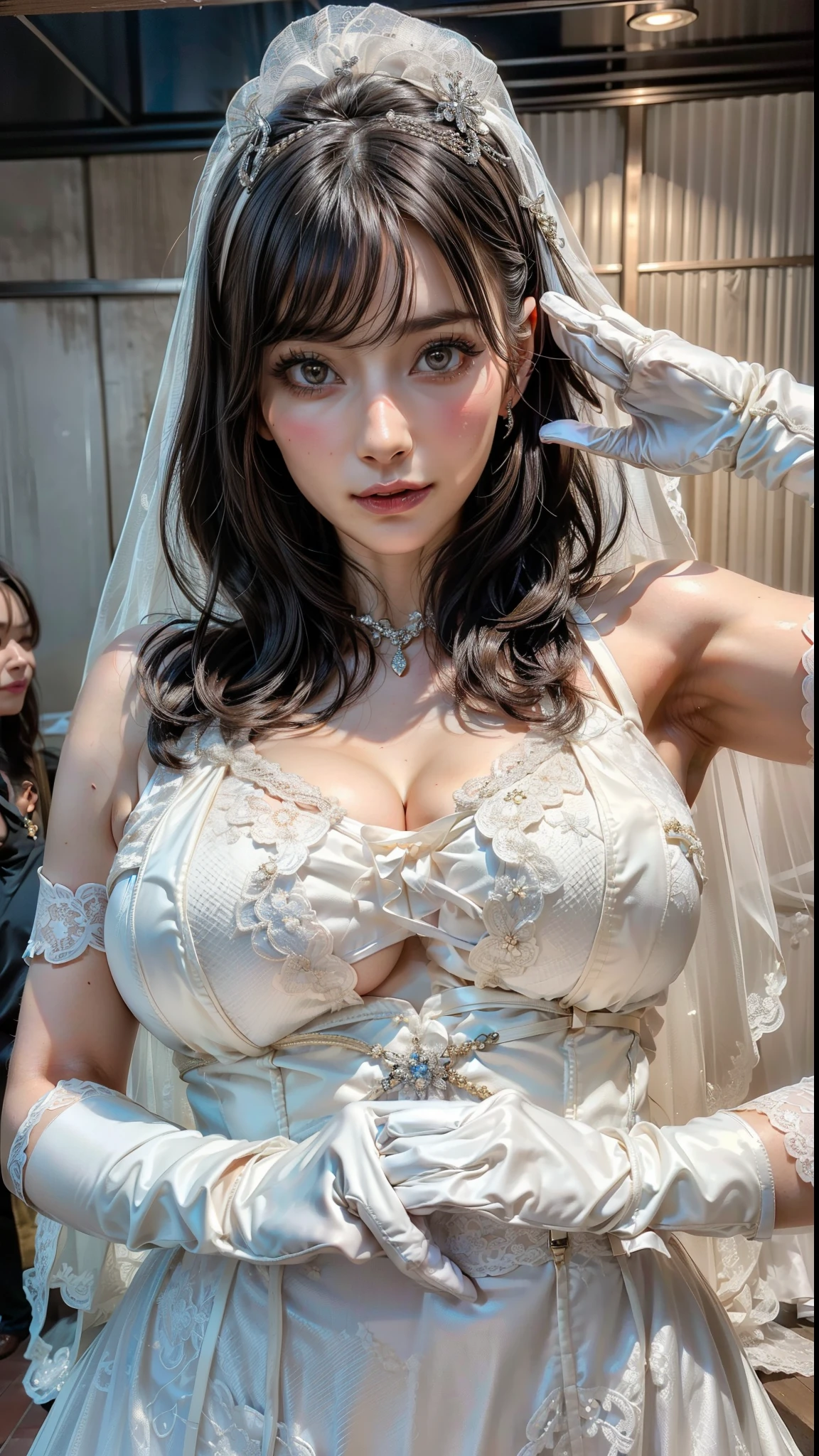 (( beautiful face:1.4)), ((realistic:1.2)),((Upper Body)),((Natural huge breasts:1.4)),Mature Woman,mature woman,(((big hips,Front Map,))),Viewers,parted lips,Fitted,glamorous,(((White Latex,wedding dress:1.4,gloves,))),(((from 超 below:1.2))),no background,