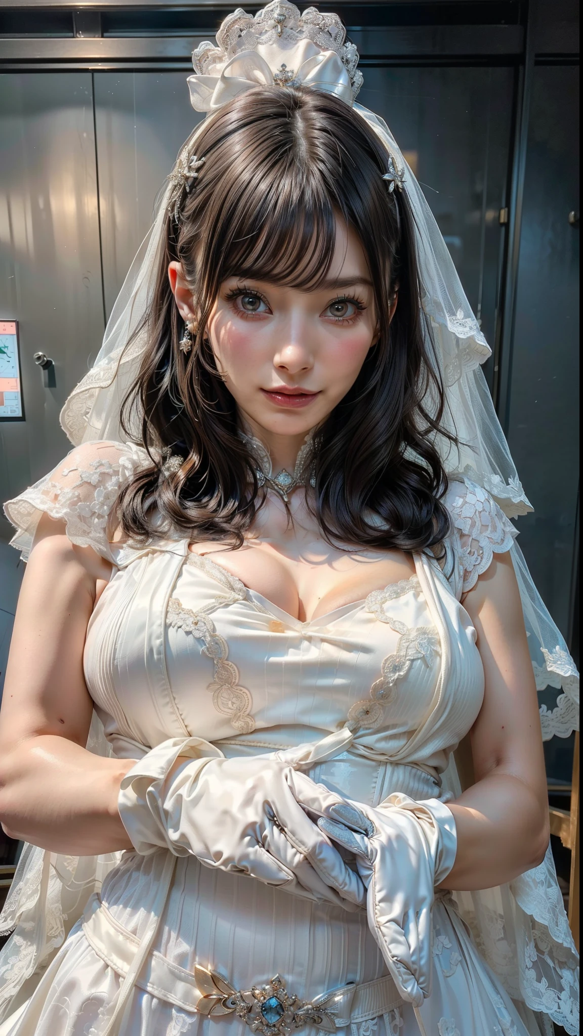 (( beautiful face:1.4)), ((realistic:1.2)),((Upper Body)),((Natural huge breasts:1.4)),Mature Woman,mature woman,(((big hips,Front Map,))),Viewers,parted lips,Fitted,glamorous,(((White Latex,wedding dress:1.4,gloves,))),(((from 超 below:1.2))),no background,