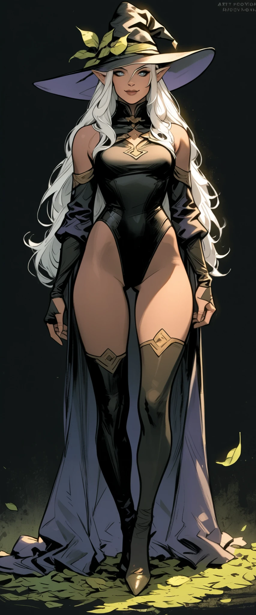 c0m1c_v1,w1w1_v1,realistic, 1girl, hat, solo, long hair, witch hat, gloves, detached sleeves, breasts, full body, pointy ears, very long hair, dark skin, looking at viewer, black background, leotard, black gloves, white hair, leaf, black headwear, standing, thighhighs, dark-skinned female, hair between eyes, closed mouth, medium breasts, see-through, smile, ass visible through thighs, watermark, artist name, clothing cutout, bare shoulders, highleg