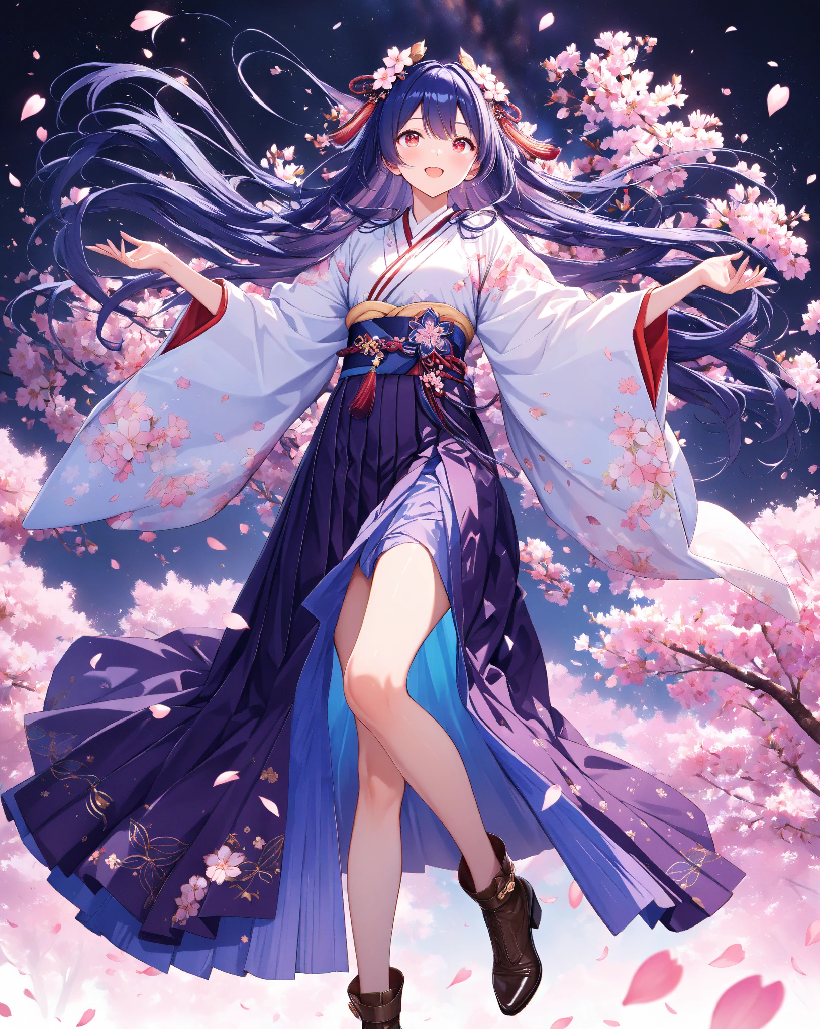 quality:masterpiece,best quality,ultra-detailed,32k,detailed background,
theme:(Breathtakingly beautiful 20-year-old student woman in kimono):1.3,perfect proportions,detailed skintexture,(Open your mouth with a big smile and laugh briskly):1.3,Breathtakingly detailed facial features,vivid eyes that feel like being sucked in,Red Eye Shadow, delicate and moisturized lips ,
Each finger is rendered in detail,(shiny dark blue hair):1.1,Smooth texture like silk,Flowing in the wind,Natural shadows and highlights,Natural and graceful hand pose,Hands based on realistic human anatomy,transparent fingertips that make you feel like you're being sucked in,Clearly defined joints,Detailed expression of the fingers,
Smooth and curvaceous body lines,Translucent and moisturized skin,Graceful knee lines,Natural and beautiful leg lines,
Delicate body contours,Natural wrinkles and shadows in the clothes,Shiny fabric texture,Beautiful, smooth draping,(Poses to look up gracefully at the sky):1.4,
costume:,fitted kimono and hakama style, plain deep purple Maxi-length hakama with wide pleats, plain deep purple hakama with ultra wide bell bottoms, Ankle-cut hem, elegant light lavender kimono tops with (intricate floral embroidery:0.8), long flowing sleeves, same color as hakama deep purple obi with intricate gold pattern, obi attached to hakama, (beautiful floral hair ornament), exposed brown ankle boots, 
Style:photorealistic,cinematic lighting,volumetric lighting,ray tracing,depth of field,cinematic shot,pastel,translucent,
background:(Dazzling stars々The Milky Way sparkles):1.5,(At night when they are in full bloom, weeping cherry blossoms spread as far as the eye can see):1.4,(The weeping cherry blossoms at night are decorated with illuminations):1.4,(cherry blossom petals dance):1.3,( cherry blossom petals scattered on the ground ):1.2,volumetric lighting,幻想的なbackground,