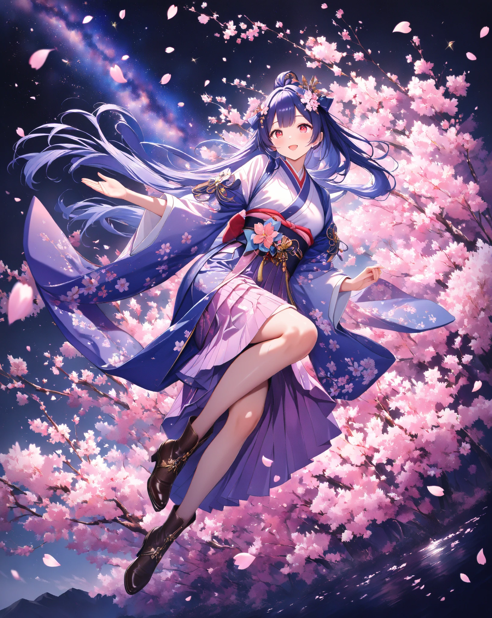 quality:masterpiece,best quality,ultra-detailed,32k,detailed background,
theme:(Breathtakingly beautiful 20-year-old student woman in kimono):1.3,perfect proportions,detailed skintexture,(Open your mouth with a big smile and laugh briskly):1.3,Breathtakingly detailed facial features,vivid eyes that feel like being sucked in,Red Eye Shadow, delicate and moisturized lips ,
Each finger is rendered in detail,(shiny dark blue hair):1.1,Smooth texture like silk,Flowing in the wind,Natural shadows and highlights,Natural and graceful hand pose,Hands based on realistic human anatomy,transparent fingertips that make you feel like you're being sucked in,Clearly defined joints,Detailed expression of the fingers,
Smooth and curvaceous body lines,Translucent and moisturized skin,Graceful knee lines,Natural and beautiful leg lines,
Delicate body contours,Natural wrinkles and shadows in the clothes,Shiny fabric texture,Beautiful, smooth draping,(Poses to look up gracefully at the sky):1.4,
costume:,fitted kimono and hakama style, plain deep purple Maxi-length hakama with wide pleats, plain deep purple hakama with ultra wide bell bottoms, Ankle-cut hem, elegant light lavender kimono tops with (intricate floral embroidery:0.8), long flowing sleeves, same color as hakama deep purple obi with intricate gold pattern, obi attached to hakama, (beautiful floral hair ornament), exposed brown ankle boots, 
Style:photorealistic,cinematic lighting,volumetric lighting,ray tracing,depth of field,cinematic shot,pastel,translucent,
background:(Dazzling stars々The Milky Way sparkles):1.5,(At night when they are in full bloom, weeping cherry blossoms spread as far as the eye can see):1.4,(The weeping cherry blossoms at night are decorated with illuminations):1.4,(cherry blossom petals dance):1.3,( cherry blossom petals scattered on the ground ):1.2,volumetric lighting,幻想的なbackground,
