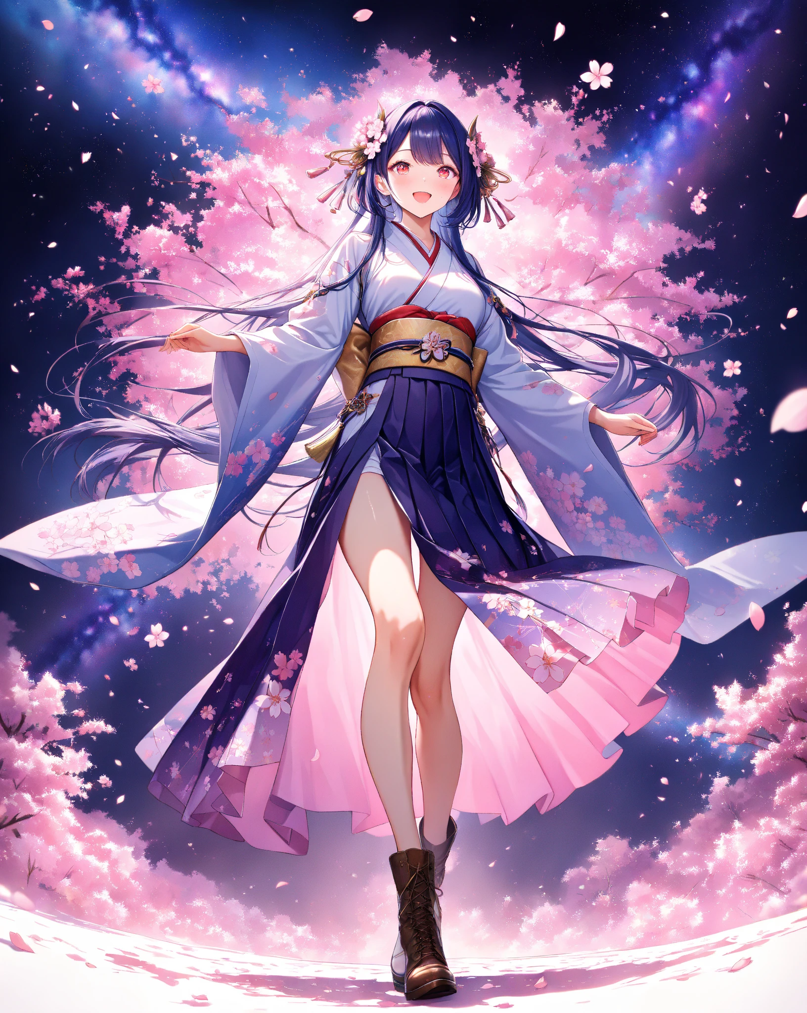 quality:masterpiece,best quality,ultra-detailed,32k,detailed background,
theme:(Breathtakingly beautiful 20-year-old student woman in kimono):1.3,perfect proportions,detailed skintexture,(Open your mouth with a big smile and laugh briskly):1.3,Breathtakingly detailed facial features,vivid eyes that feel like being sucked in,Red Eye Shadow, delicate and moisturized lips ,
Each finger is rendered in detail,(shiny dark blue hair):1.1,Smooth texture like silk,Flowing in the wind,Natural shadows and highlights,Natural and graceful hand pose,Hands based on realistic human anatomy,transparent fingertips that make you feel like you're being sucked in,Clearly defined joints,Detailed expression of the fingers,
Smooth and curvaceous body lines,Translucent and moisturized skin,Graceful knee lines,Natural and beautiful leg lines,
Delicate body contours,Natural wrinkles and shadows in the clothes,Shiny fabric texture,Beautiful, smooth draping,(Poses to look up gracefully at the sky):1.4,
costume:,fitted kimono and hakama style, plain deep purple Maxi-length hakama with wide pleats, plain deep purple hakama with ultra wide bell bottoms, Ankle-cut hem, elegant light lavender kimono tops with (intricate floral embroidery:0.8), long flowing sleeves, same color as hakama deep purple obi with intricate gold pattern, obi attached to hakama, (beautiful floral hair ornament), exposed brown ankle boots, 
Style:photorealistic,cinematic lighting,volumetric lighting,ray tracing,depth of field,cinematic shot,pastel,translucent,
background:(Dazzling stars々The Milky Way sparkles):1.5,(At night when they are in full bloom, weeping cherry blossoms spread as far as the eye can see):1.4,(The weeping cherry blossoms at night are decorated with illuminations):1.4,(cherry blossom petals dance):1.3,( cherry blossom petals scattered on the ground ):1.2,volumetric lighting,幻想的なbackground,