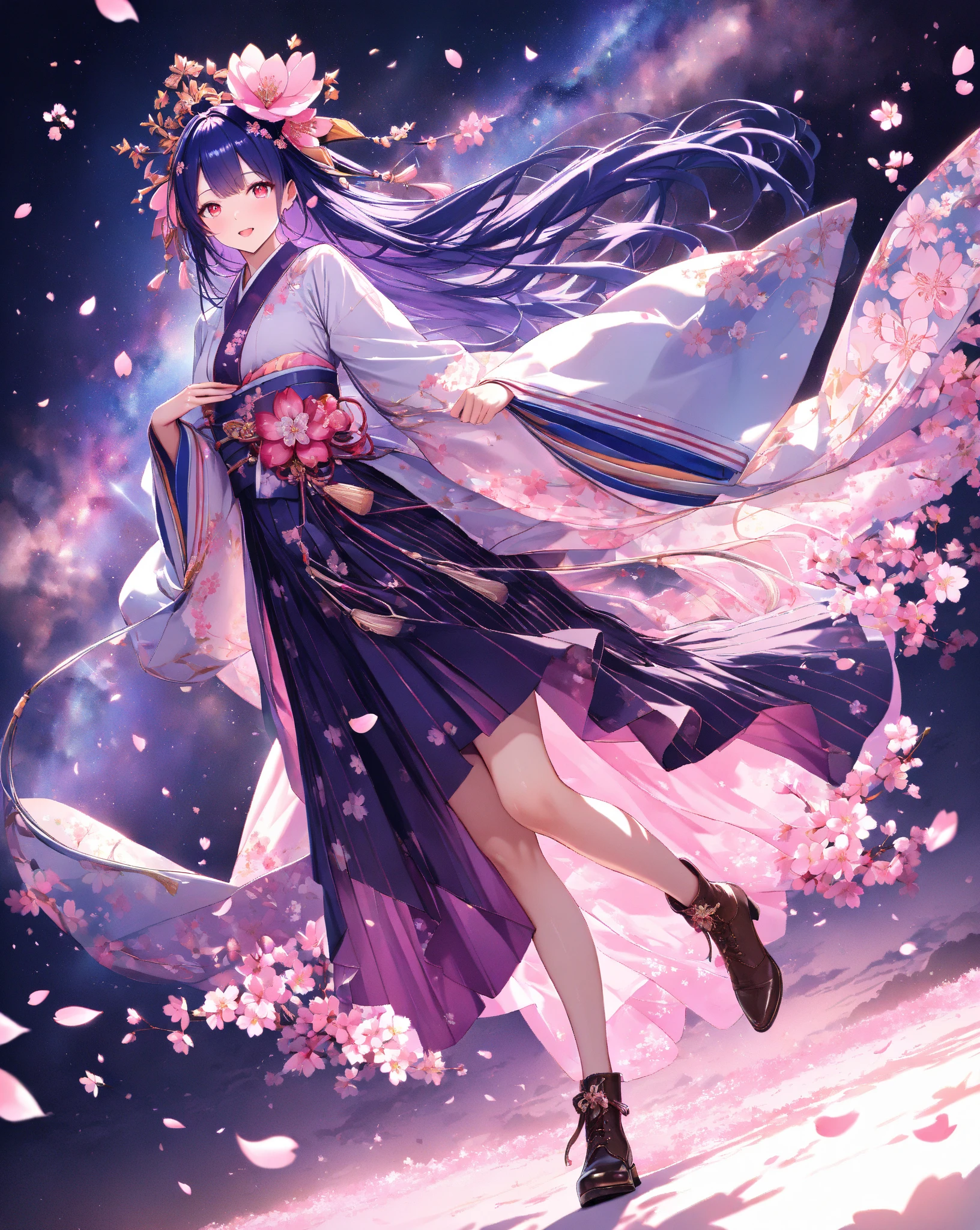 quality:masterpiece,best quality,ultra-detailed,32k,detailed background,
theme:(Breathtakingly beautiful 20-year-old student woman in kimono):1.3,perfect proportions,detailed skintexture,(Open your mouth with a big smile and laugh briskly):1.3,Breathtakingly detailed facial features,vivid eyes that feel like being sucked in,Red Eye Shadow, delicate and moisturized lips ,
Each finger is rendered in detail,(shiny dark blue hair):1.1,Smooth texture like silk,Flowing in the wind,Natural shadows and highlights,Natural and graceful hand pose,Hands based on realistic human anatomy,transparent fingertips that make you feel like you're being sucked in,Clearly defined joints,Detailed expression of the fingers,
Smooth and curvaceous body lines,Translucent and moisturized skin,Graceful knee lines,Natural and beautiful leg lines,
Delicate body contours,Natural wrinkles and shadows in the clothes,Shiny fabric texture,Beautiful, smooth draping,(Poses to look up gracefully at the sky):1.4,
costume:,fitted kimono and hakama style, plain deep purple Maxi-length hakama with wide pleats, plain deep purple hakama with ultra wide bell bottoms, Ankle-cut hem, elegant light lavender kimono tops with (intricate floral embroidery:0.8), long flowing sleeves, same color as hakama deep purple obi with intricate gold pattern, obi attached to hakama, (beautiful floral hair ornament), exposed brown ankle boots, 
Style:photorealistic,cinematic lighting,volumetric lighting,ray tracing,depth of field,cinematic shot,pastel,translucent,
background:(Dazzling stars々The Milky Way sparkles):1.5,(At night when they are in full bloom, weeping cherry blossoms spread as far as the eye can see):1.4,(The weeping cherry blossoms at night are decorated with illuminations):1.4,(cherry blossom petals dance):1.3,( cherry blossom petals scattered on the ground ):1.2,volumetric lighting,幻想的なbackground,