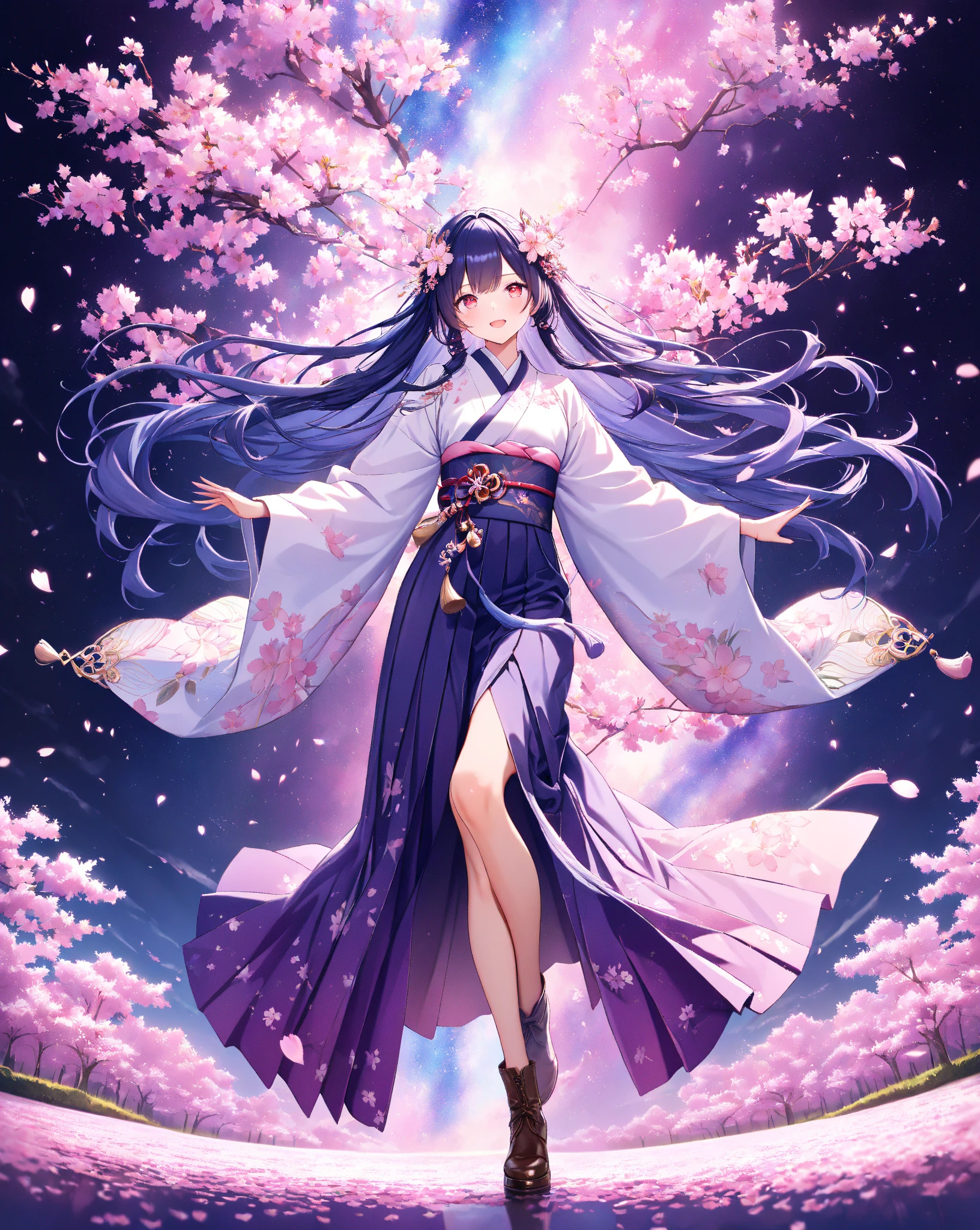 quality:masterpiece,best quality,ultra-detailed,32k,detailed background,
theme:(Breathtakingly beautiful 20-year-old student woman in kimono):1.3,perfect proportions,detailed skintexture,(Open your mouth with a big smile and laugh briskly):1.3,Breathtakingly detailed facial features,vivid eyes that feel like being sucked in,Red Eye Shadow, delicate and moisturized lips ,
Each finger is rendered in detail,(shiny dark blue hair):1.1,Smooth texture like silk,Flowing in the wind,Natural shadows and highlights,Natural and graceful hand pose,Hands based on realistic human anatomy,transparent fingertips that make you feel like you're being sucked in,Clearly defined joints,Detailed expression of the fingers,
Smooth and curvaceous body lines,Translucent and moisturized skin,Graceful knee lines,Natural and beautiful leg lines,
Delicate body contours,Natural wrinkles and shadows in the clothes,Shiny fabric texture,Beautiful, smooth draping,(Poses to look up gracefully at the sky):1.4,
costume:,fitted kimono and hakama style, plain deep purple Maxi-length hakama with wide pleats, plain deep purple hakama with ultra wide bell bottoms, Ankle-cut hem, elegant light lavender kimono tops with (intricate floral embroidery:0.8), long flowing sleeves, same color as hakama deep purple obi with intricate gold pattern, obi attached to hakama, (beautiful floral hair ornament), exposed brown ankle boots, 
Style:photorealistic,cinematic lighting,volumetric lighting,ray tracing,depth of field,cinematic shot,pastel,translucent,
background:(Dazzling stars々The Milky Way sparkles):1.5,(At night when they are in full bloom, weeping cherry blossoms spread as far as the eye can see):1.4,(The weeping cherry blossoms at night are decorated with illuminations):1.4,(cherry blossom petals dance):1.3,( cherry blossom petals scattered on the ground ):1.2,volumetric lighting,幻想的なbackground,