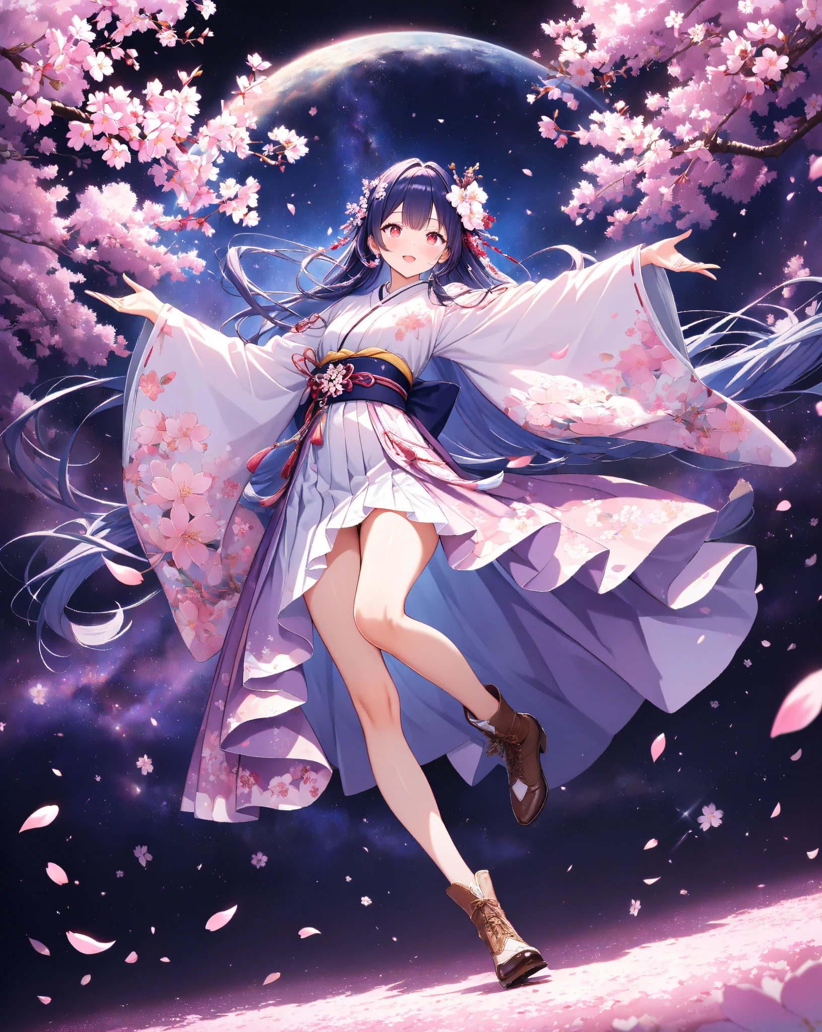quality:masterpiece,best quality,ultra-detailed,32k,detailed background,
theme:(Breathtakingly beautiful 20-year-old student woman in kimono):1.3,perfect proportions,detailed skintexture,(Open your mouth with a big smile and laugh briskly):1.3,Breathtakingly detailed facial features,vivid eyes that feel like being sucked in,Red Eye Shadow, delicate and moisturized lips ,
Each finger is rendered in detail,(shiny dark blue hair):1.1,Smooth texture like silk,Flowing in the wind,Natural shadows and highlights,Natural and graceful hand pose,Hands based on realistic human anatomy,transparent fingertips that make you feel like you're being sucked in,Clearly defined joints,Detailed expression of the fingers,
Smooth and curvaceous body lines,Translucent and moisturized skin,Graceful knee lines,Natural and beautiful leg lines,
Delicate body contours,Natural wrinkles and shadows in the clothes,Shiny fabric texture,Beautiful, smooth draping,(Poses to look up gracefully at the sky):1.4,
costume:,fitted kimono and hakama style, plain deep purple Maxi-length hakama with wide pleats, plain deep purple hakama with ultra wide bell bottoms, Ankle-cut hem, elegant light lavender kimono tops with (intricate floral embroidery:0.8), long flowing sleeves, same color as hakama deep purple obi with intricate gold pattern, obi attached to hakama, (beautiful floral hair ornament), exposed brown ankle boots, 
Style:photorealistic,cinematic lighting,volumetric lighting,ray tracing,depth of field,cinematic shot,pastel,translucent,
background:(Dazzling stars々The Milky Way sparkles):1.5,(At night when they are in full bloom, weeping cherry blossoms spread as far as the eye can see):1.4,(The weeping cherry blossoms at night are decorated with illuminations):1.4,(cherry blossom petals dance):1.3,( cherry blossom petals scattered on the ground ):1.2,volumetric lighting,幻想的なbackground,