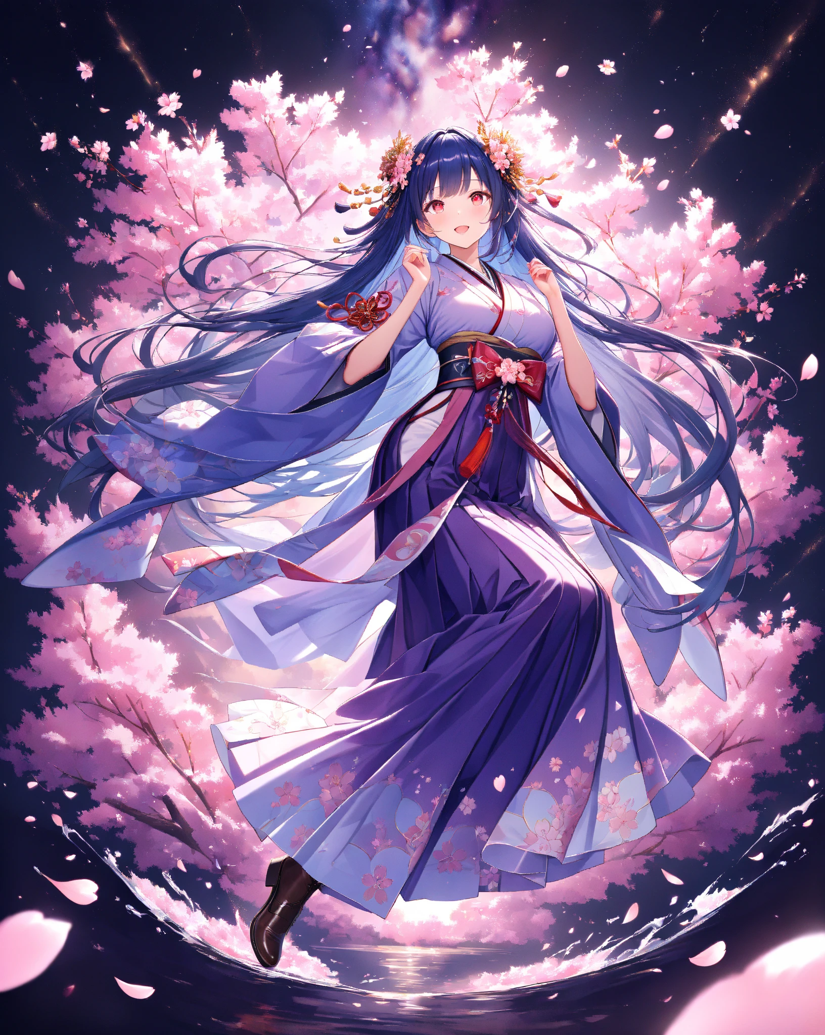 quality:masterpiece,best quality,ultra-detailed,32k,detailed background,
theme:(Breathtakingly beautiful 20-year-old student woman in kimono):1.3,perfect proportions,detailed skintexture,(Open your mouth with a big smile and laugh briskly):1.3,Breathtakingly detailed facial features,vivid eyes that feel like being sucked in,Red Eye Shadow, delicate and moisturized lips ,
Each finger is rendered in detail,(shiny dark blue hair):1.1,Smooth texture like silk,Flowing in the wind,Natural shadows and highlights,Natural and graceful hand pose,Hands based on realistic human anatomy,transparent fingertips that make you feel like you're being sucked in,Clearly defined joints,Detailed expression of the fingers,
Smooth and curvaceous body lines,Translucent and moisturized skin,Graceful knee lines,Natural and beautiful leg lines,
Delicate body contours,Natural wrinkles and shadows in the clothes,Shiny fabric texture,Beautiful, smooth draping,(Poses to look up gracefully at the sky):1.4,
costume:,fitted kimono and hakama style, plain deep purple Maxi-length hakama with wide pleats, plain deep purple hakama with ultra wide bell bottoms, Ankle-cut hem, elegant light lavender kimono tops with (intricate floral embroidery:0.8), long flowing sleeves, same color as hakama deep purple obi with intricate gold pattern, obi attached to hakama, (beautiful floral hair ornament), exposed brown ankle boots, 
Style:photorealistic,cinematic lighting,volumetric lighting,ray tracing,depth of field,cinematic shot,pastel,translucent,
background:(Dazzling stars々The Milky Way sparkles):1.5,(At night when they are in full bloom, weeping cherry blossoms spread as far as the eye can see):1.4,(The weeping cherry blossoms at night are decorated with illuminations):1.4,(cherry blossom petals dance):1.3,( cherry blossom petals scattered on the ground ):1.2,volumetric lighting,幻想的なbackground,