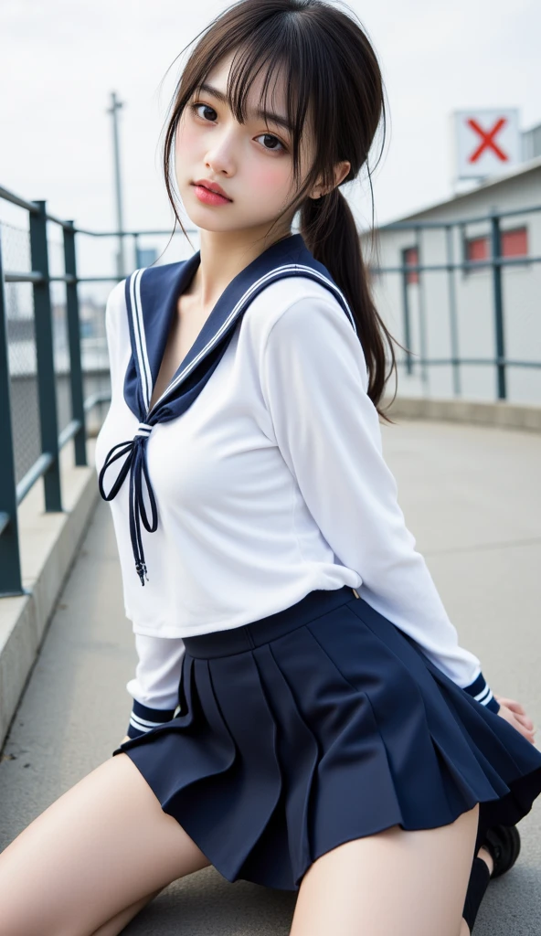 Highest quality, masterpiece, Ultra-high resolution, (Realistic:1.4), RAW Photos, One person, Black Hair, Glowing Skin, Wet body, Dramatic lighting, short hair, Straight hair, bangs, Brown Hair,Flat Chest,Slender legs、 White short-sleeved sailor suit、Navy blue pleated skirt:1.3、Sexy bra in sailor suit:1.4、Sexy string T-panty inside the skirt:1.4,Transparent Sailor Suit:1.5