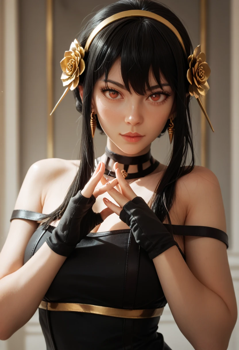 You are Briar, (realistic), beautiful girl,Backlight, bare shoulders, black background, black set, black glove, black hair, chest, gag, cowboy shoot, set, earring, expressionless, fingerless glove, floating hair, glove, gold earring, gold headband, Hair flower, decorationsผม, headband, decorations, large chest, light particles, long hair, look at viewer, off-shoulder set, off shoulder, petals, conjunctivitis, Short hair with long locks, Side lock, alone, pointed, thigh, two-sided set, Double-sided fabric, ((Masterpiece))