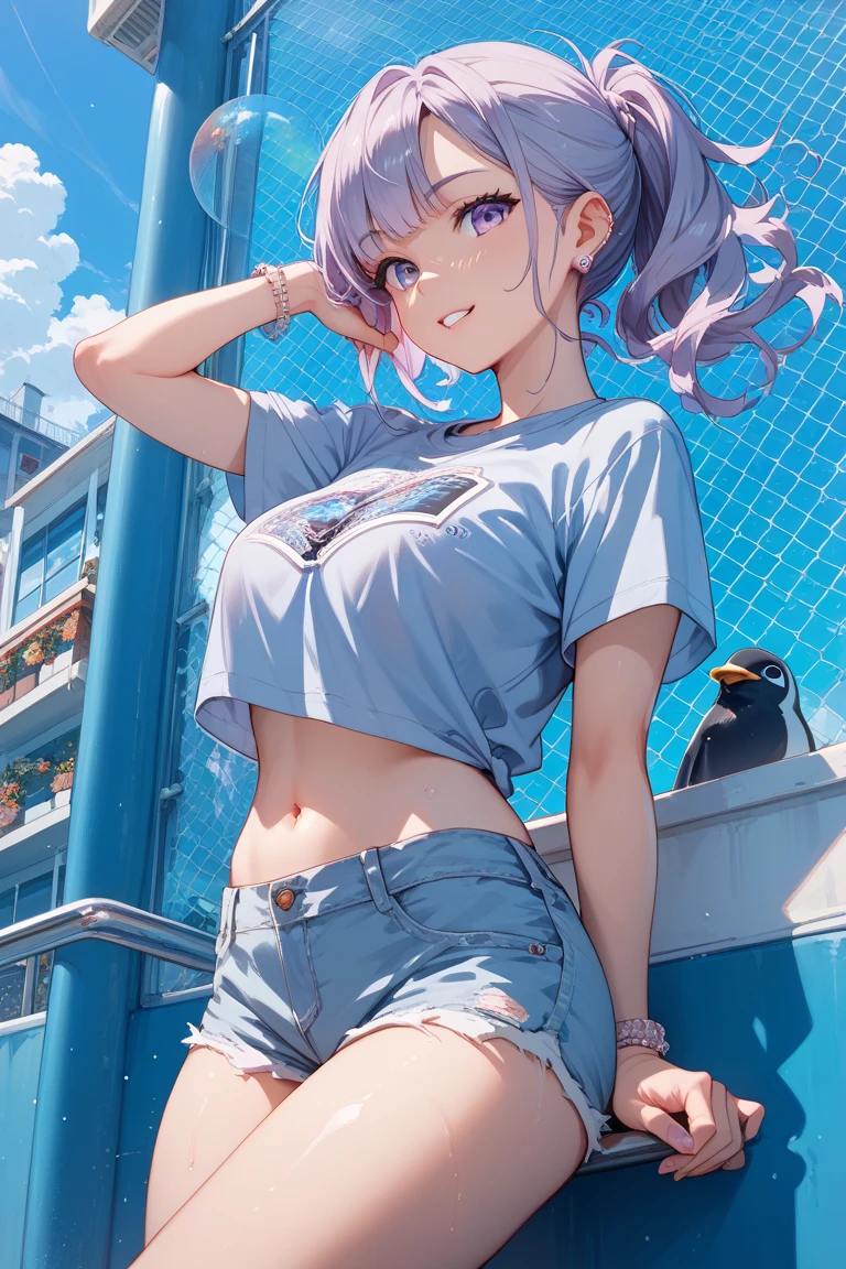 (masterpiece, best quality, highres:1.3), too many peoples, medium breasts, mother and daughter, wind, outdoors, back street, 4k, hair bun, two-tone hair, straight-across bangs, wavy hair, light purple eyes, eye light, clothes aside, sex, vaginal, kneeling, sex from behind, blush, overalls, lanyard, underboob, expressionless, open mouth, from side, cowboy shot, looking to the side