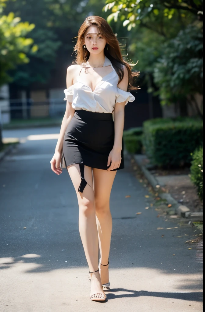 (masterpiece:1.3), (8 thousand, realistic, RAW photos, best quality: 1.4), (1 woman),(((short skirt))), (shirt), (suit), (((양쪽 다리와 양쪽 발에 짙은색 realistic 불투명한 커피색 팬티 스타킹 : 1.3))), (Stockings on both legs), (((Beautiful little feet in stockings and black high heels))), (((full body shot))), (outdoors in sunny weather), (walking like a model), (Beautiful makeover), (((very slim and beautiful body))) , (((Realistic and very beautiful face))), (long eyelashes), (double eyelid), (((Very beautiful eyes, realistic and delicate))), (((big bust))) , (Strong body through exercise), (beautiful abs), (Beautiful heaps), (tall), (black hair. parted, long hair:1.3), (아름다운 parted스타일), (realistic and beautiful skin), (absurd), (attractive), (ultra high resolution), (extremely realistic), (very detailed), (golden ratio), (((Two long, realistic and beautiful legs))), (realistic 팔), (necklace), (earring),(beautiful nails manicure), (So beautiful and sexy), (perfect secretary look), (((high nose))), (((small nostrils))), (((small mouth))), (((seductive lips)))