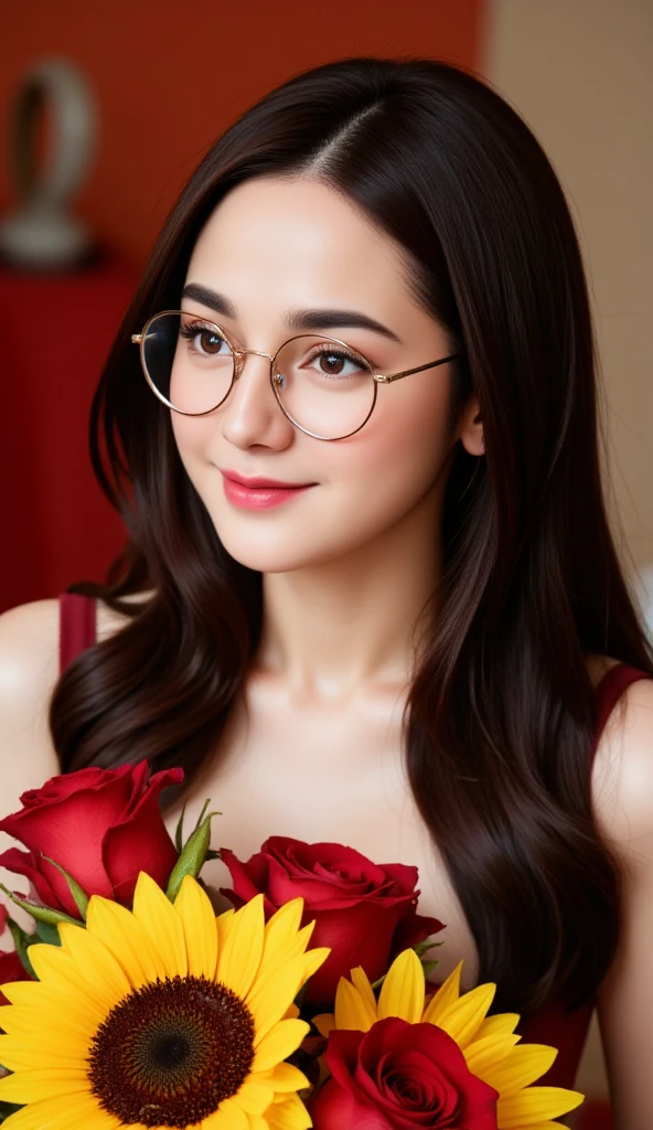 A woman sits in an orange chair, smiling broadly at the camera. She has dark hair and glasses, and is wearing a red blouse with lace details. The background features a patterned wall and what appears to be a staircase leading upwards. She is about 36 years old, 1.62 tall, 60 kg, best quality, perfect face, perfect mouth, perfect hands, is standing, (full body) well defined, her slightly plump and red lips look like a delicate flower. Slim body, slim waist. Her body exudes glamor and her face is the definition of beauty. Highly realistic, reddish skin, feeling of lightness and joy, hyper-realism, very elaborate skin. Sharp photo, high quality, high resolution (ultra quality masterpiece), Ultra HD, high contrast, 16K. Masterpiece: 1.3, high resolution, (photographically realistic), 8k, NUDE, NUDITY, NFSW.