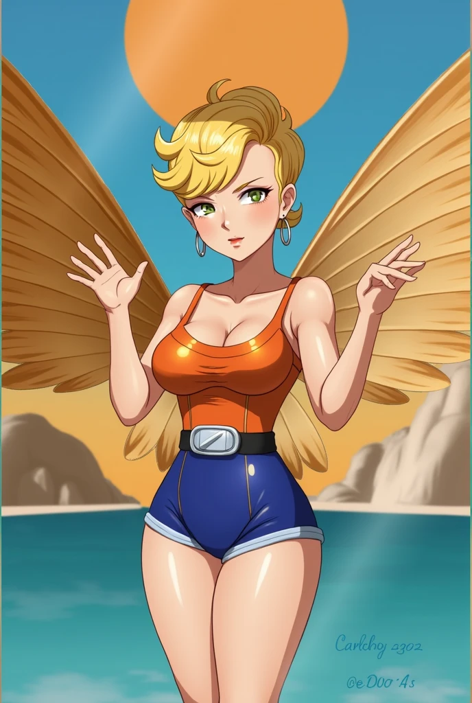score_9_up, ((adult)), (gryphon:1.2), (female, eagle feathers), with Center parted shoulder length hairstyle, (wearing swiming bikini, straw hat), (summer beach scene), fashion pose, show legs, scene background