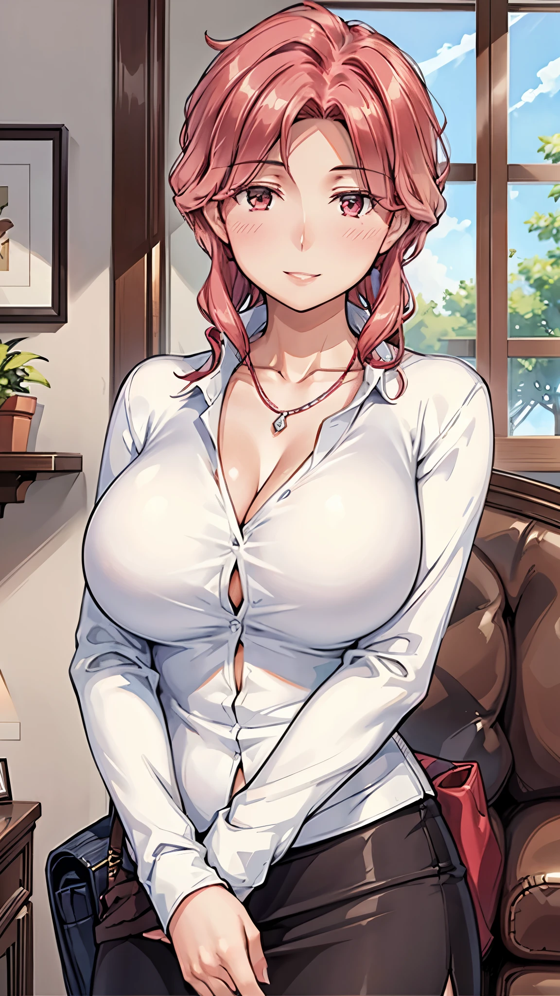 Girl, pink hair, chubby, teen face, casual dress, cleavage, busty , smirk , simple white background