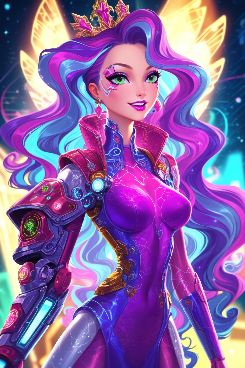 A cute monster girl, cotton-covered cyborg, smiling, cartoon, purple skin, (best quality,4k,8k,highres,masterpiece:1.2),ultra-detailed,(realistic,photorealistic,photo-realistic:1.37),colorful,soft lighting,intricate details,dynamic pose,whimsical atmosphere,vibrant colors,imaginative character design,cute expression,fluffy hair,large expressive eyes,detailed facial features,adorable smile,futuristic elements,seamless integration,digital painting style,concept art