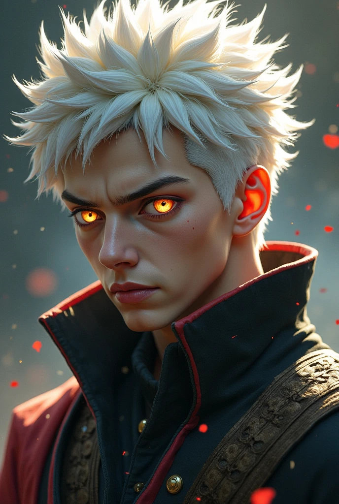 make a male character with sharingan looking to nowhere with some crows around