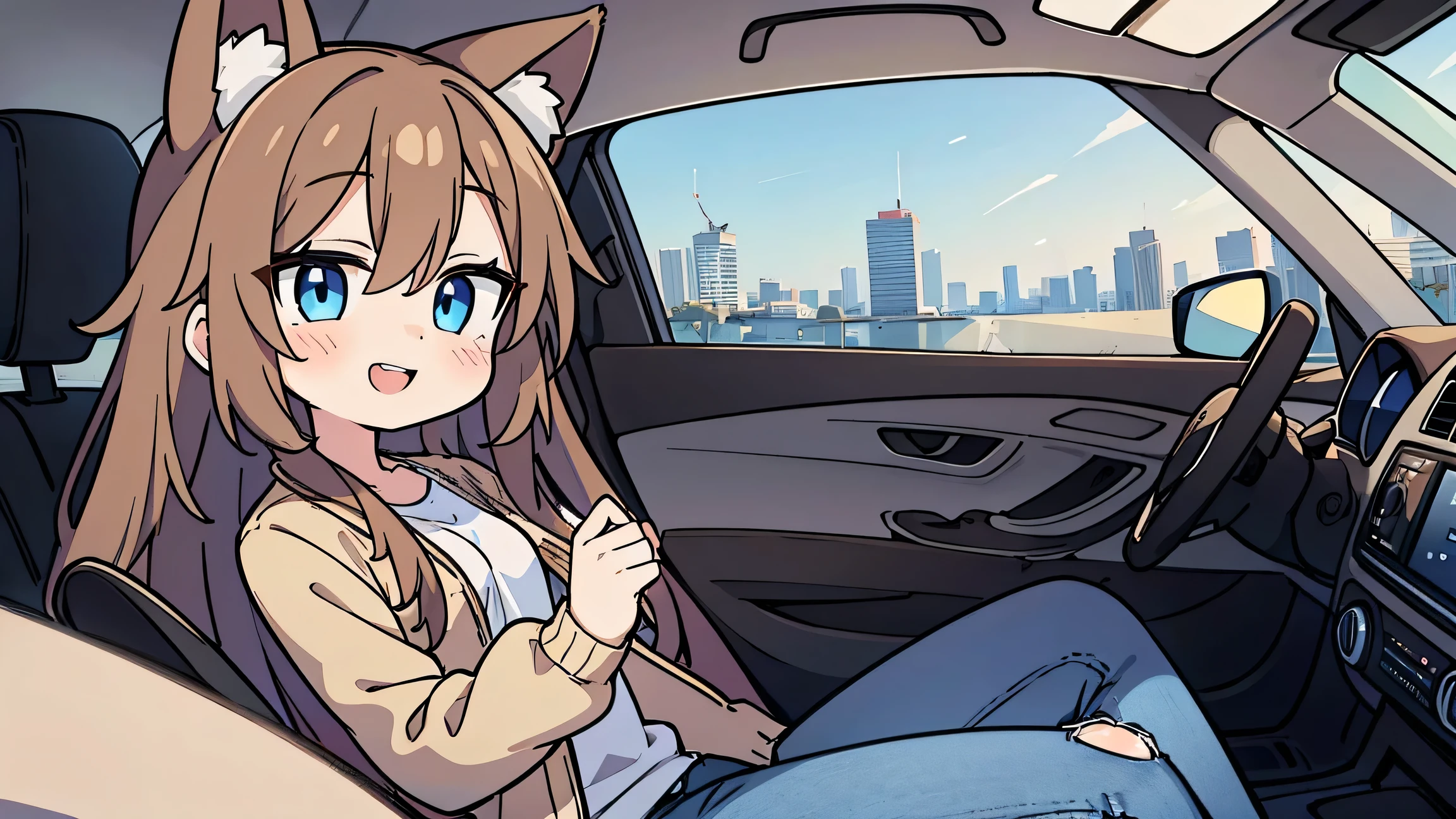 anime style、 cute face、 female、 fox ears、caramel brown hair、tail、 long hair、 beige jacket 、jeans、blue eyes、 driving a car、smile、 double teeth