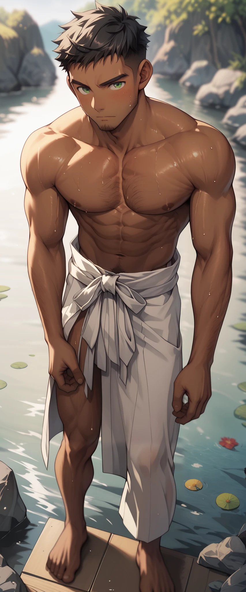 Score_9, Score_8_up, Score_7_up, 1 man, black hair, bare torso, bare upper body, no shirt, towel tied around waist, standing, barefoot, front view, simple background, white background,