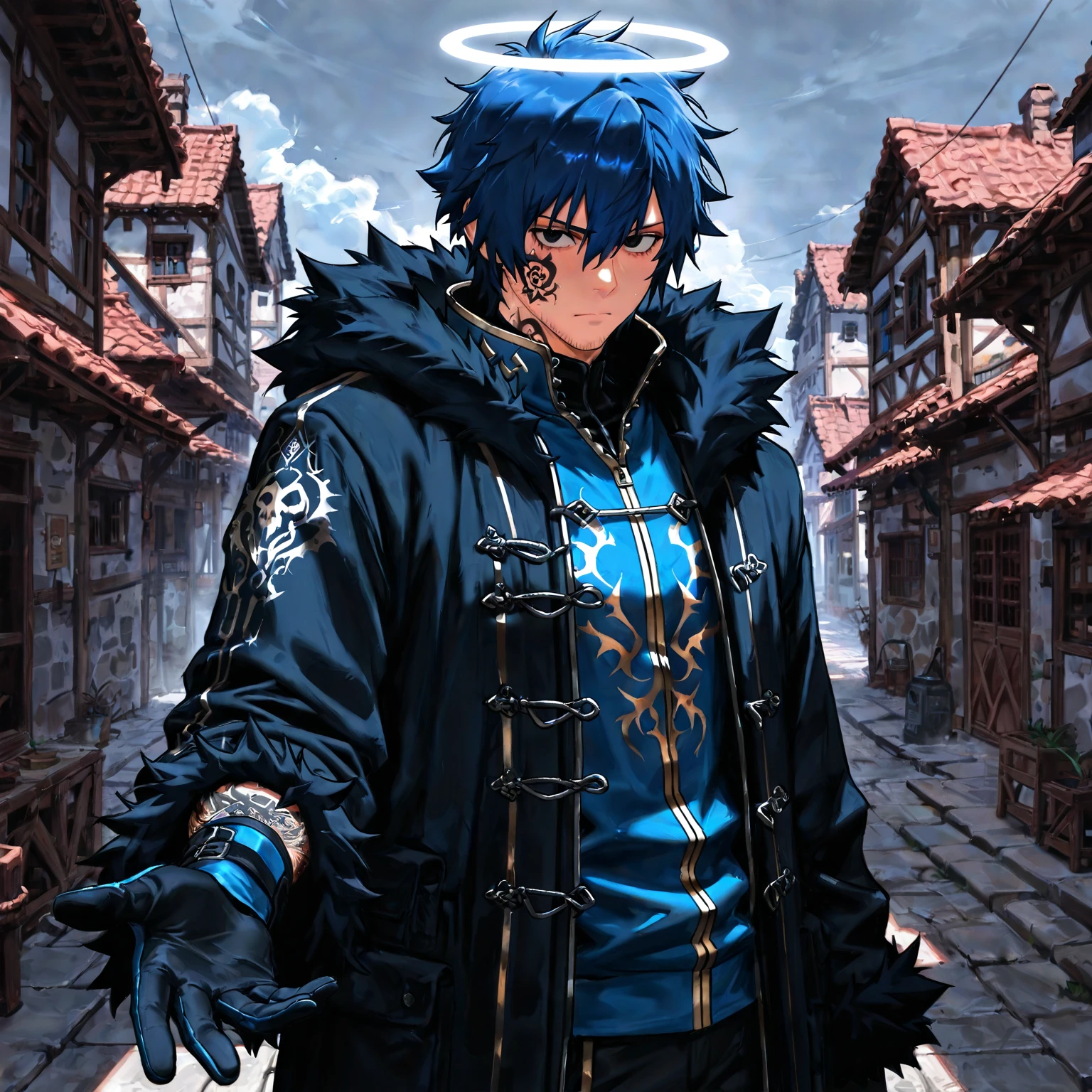 Man muscles, defined body, scars on arms, blue jacket, white blouse under jacket, long jeans of blue color, military boots of violet color, chains in the hands, silver cord with rings fastened, straight blue hair, messy hair, light blue colored eyes, smile of determination, brown skin, ancient kingdom, night scenery.