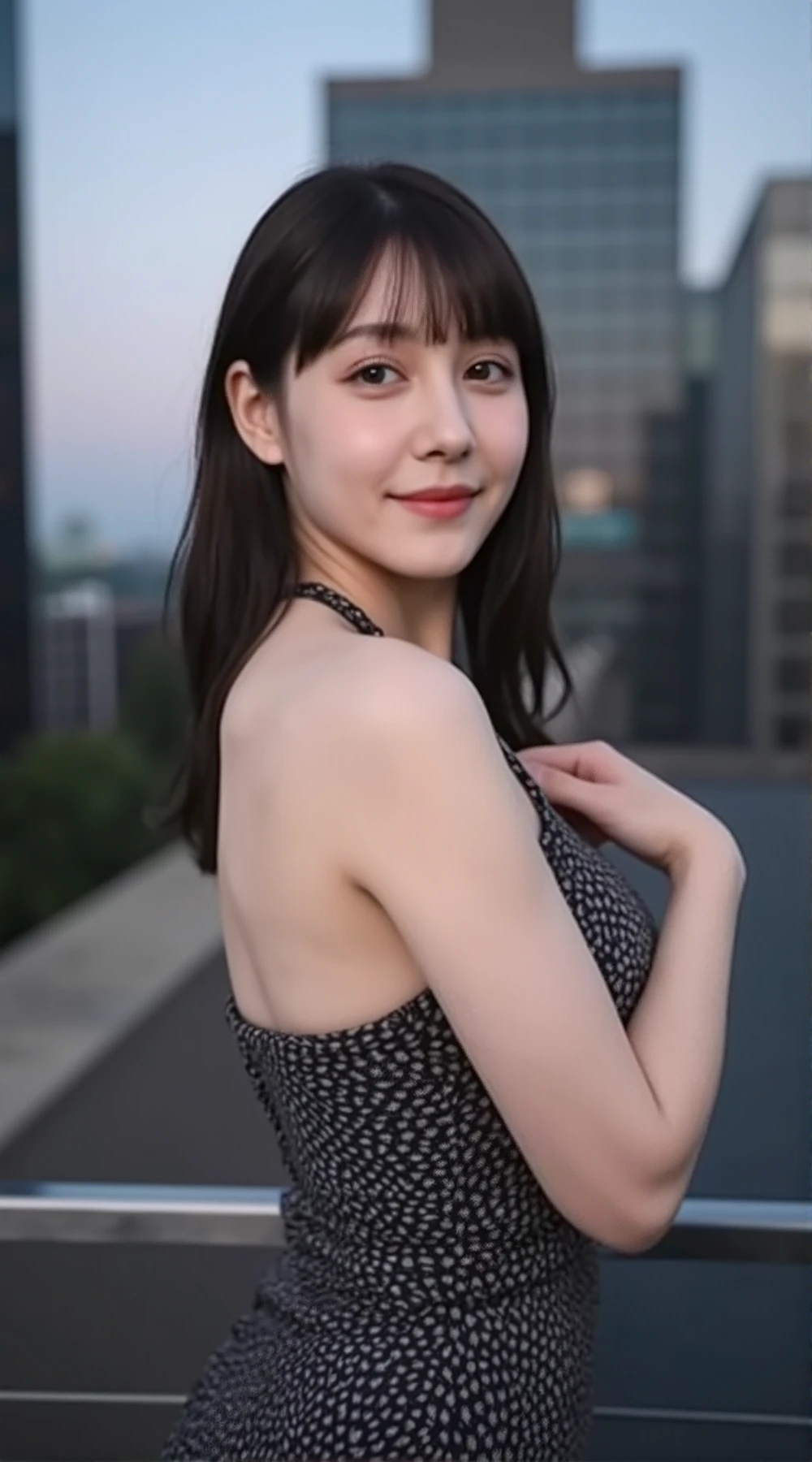 (mature adult woman wears a1By people),beautiful black hair,super straight hair,With bangs,long hair, realistic person images in dark waters,Realism,Best Quality,mastepeice,Top Quality,best image quality,highest resolution from vagina,fine detail,Beautiful detailed face,black eyes,((realistic skin)),(((On the roof of a dark building))),detailed background,( accurate body),(perfect body),((upper body)),((Realismのある肌)),(smile),((( standing))),(((super big ))),(((very large breasts))),Emphasize Cleavage,(((wearing a stylish dress))),(((On the roof of a high-rise apartment building))),(((wearing a cute dress))),