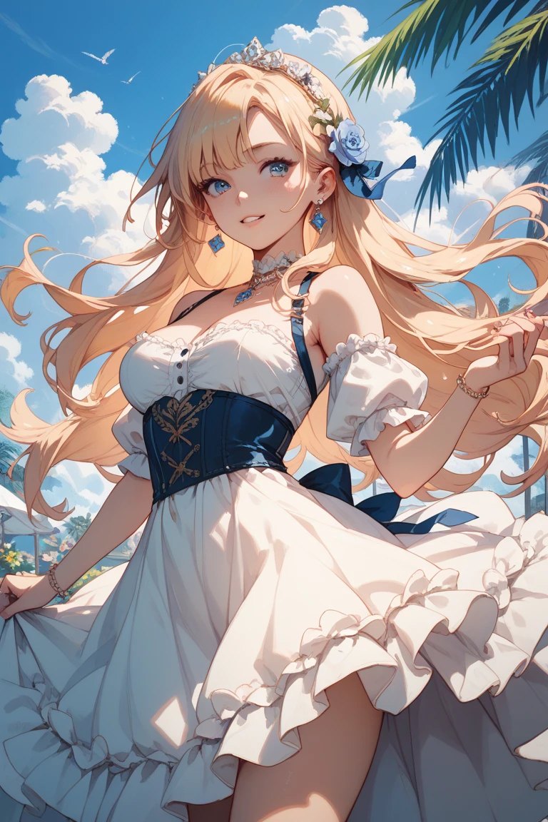 Beautiful blonde girl wearing a knee-length flowered dress With her hands on her waist with a wide and gorgeous smile wearing a hyper realistic hat and medium breasts with cleavage
