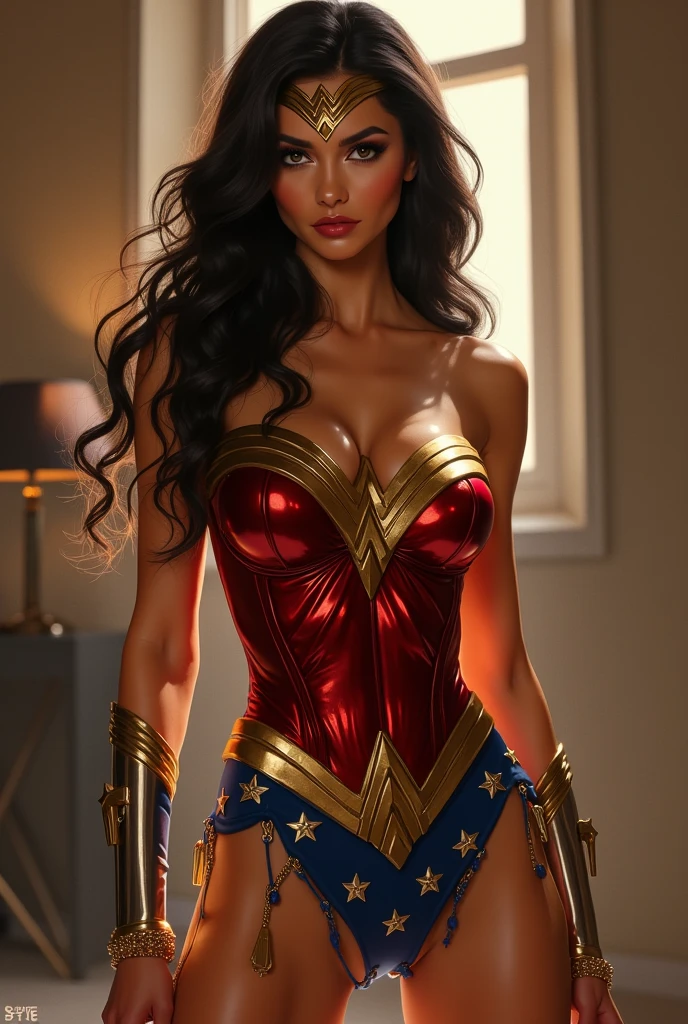 Wonder Woman als Erotikmodel in sexy pose,cameltoe can be seen,bends forward