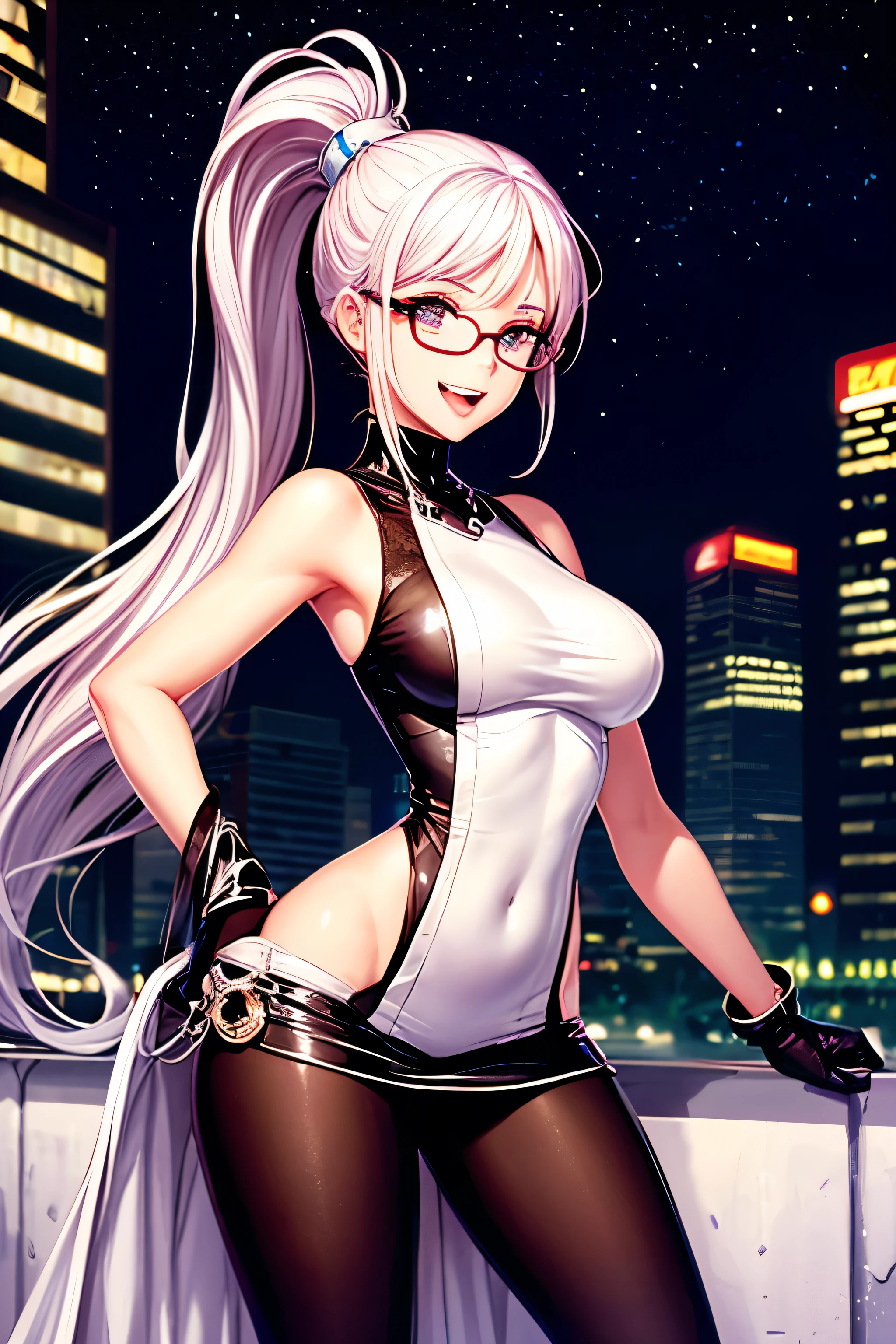woman,,,city,night,(((white and blue tight miniskirt bodysuit))),,open mouth smile((See-through))(((Glasses))),((Beautiful long ponytail)),(()),blush、surprised face,(((look back))),((blonde))(((On the way to changing clothes)))(((While undressing)))