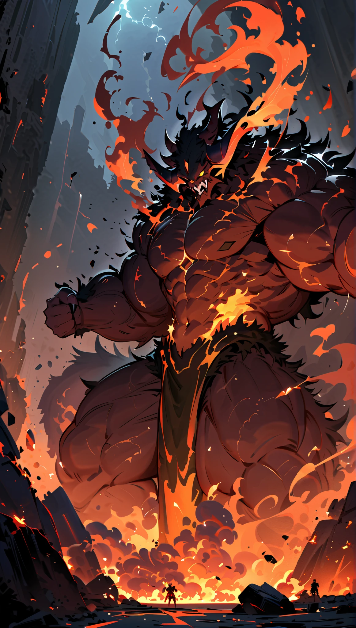 (best quality,4k,8k,highres,masterpiece:1.2),lava demon werewolf,fiery red skin,glowing yellow eyes,giant muscular body,sharp fangs and claws,steaming lava flowing from its body,smoke billowing from its nostrils,spiky horns,demonic presence,ominous atmosphere,intense heat waves,Standing on blackened rugged volcanic landscape,cracks in the ground,fiery embers floating in the air,dark shadows dancing in the background,fierce and menacing stance,ferocious growls and snarls,burning flames engulfing its surroundings,dark red and orange color palette,harsh and dramatic lighting,emphasizing the ominous nature of the demon.