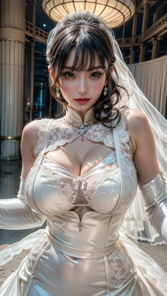 (8K, Best Quality, masutepiece:1.4), (Intricate details:1.3), (Realistic), (Ultra-detailed), 1girl in, Solo, （married woman、age 40eautuful Women、A MILF, ( smile:1.35), Front view, (Leaning forward:1.2), Showing cleavage, Looking at Viewer, chies, Detailed long hair, (Fluffy long black hair), Detailed eyes,, Hourglass body shape, ( :1.1), (Huge breasts), thick thighs, wide hips, Small waist、Golden Wedding Dresses、Tight mini skirt、Golden Bride Gown、Wedding Decorations、 Realistic lighting, natural soft light, Dynamic lighting
