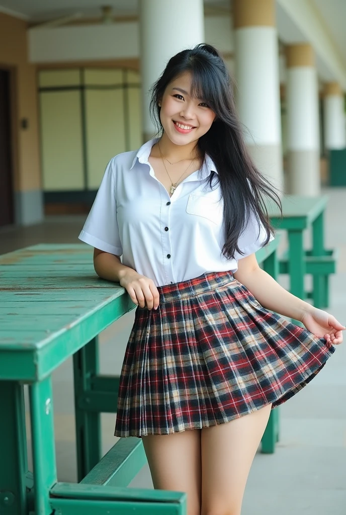 Beauty Indonesian woman in student uniform, beauty big breast, show pubic hairs, vivid colors, bokeh