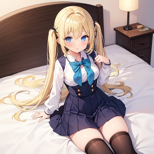 Background Bedroom、Blue Eyes、Hairstyle: Medium-long blonde、Shy face、Big Breasts、Sit on the bed、CA Uniform