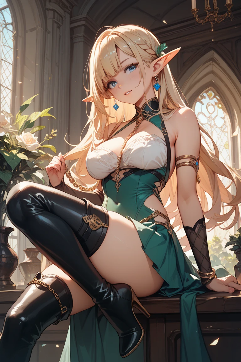 young intricate woman in royal palace, green and blonde long hair mixed together, pay attention to the hair full of a mixture of blonde and green ( blonde hair with several green streaks), , light green eyes, wearing a green diamond crown, long ears, white skinned, sitting on a green majestic throne, wide angle lens f/2.8, ultra insane high resolution intricate textures, texture indentation, perfect perspective, perfect geometry, ultra insane ambient lighting, ultra insane ambient shadows, wearing full black colored clothes, luminism, ultra detailed busy background, tessellation, maximalism, perfectionism, IPA Award wining masterpiece, curvy figured woman.