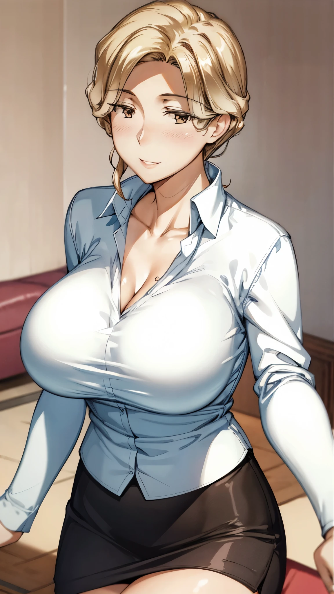 （super quality,super high resolution,16k,Super Masterpiece,Ultra HD ,detailed shading and background,）sexy mature woman,sexy white shirt with cuffed sleeves,cleavage,necklace,Big Breasts,tight skirt,cover,maternal smile,thick lips,living room,bending forward,
